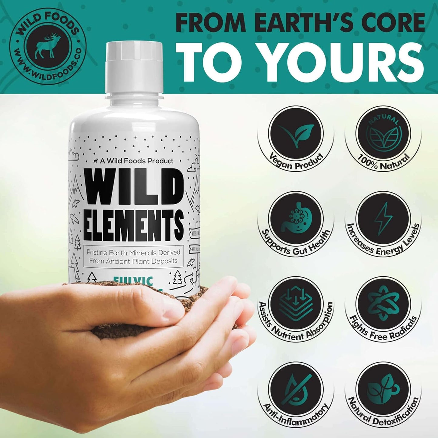 Wild Foods Wild Elements Gut Support: Ancient Plant-Derived Fulvic Acid Mineral Blend, Heal Gut, Boost Cognition & Immunity, 70+ Minerals, All Natural - 32 oz