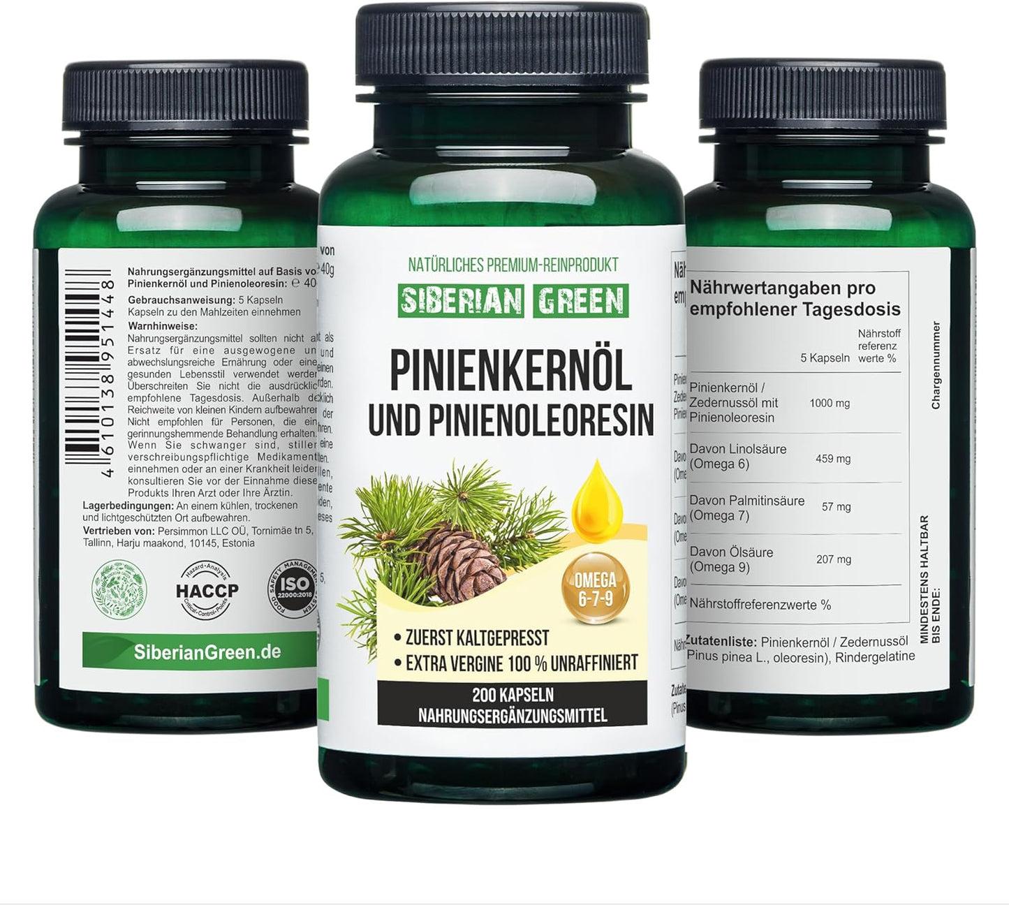 Wild Harvested Siberian Green Pine Nut Oil Capsules with Pine Resin - 200 Softgels, Cold Pressed & Unrefined from Altai Siberia