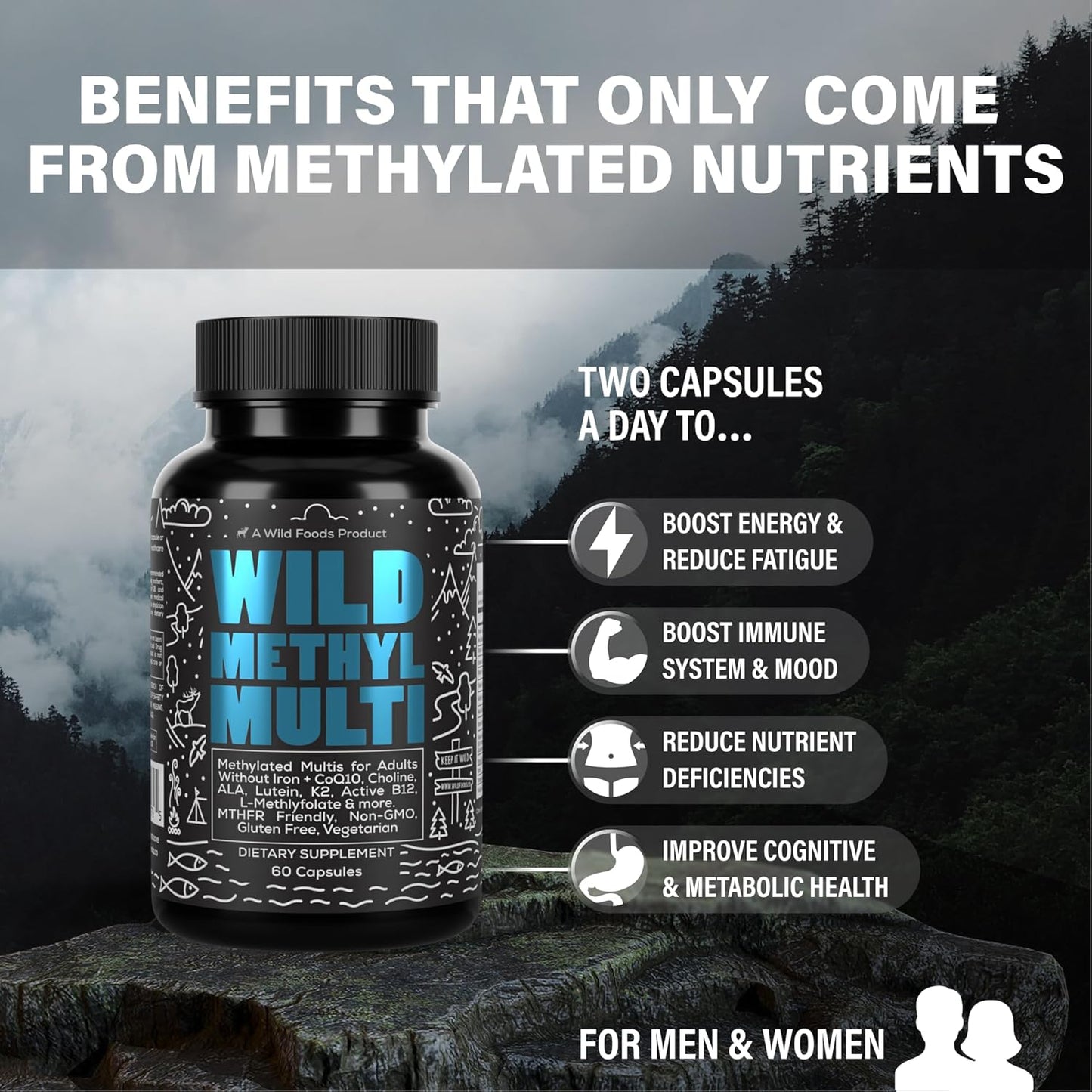 Wild Methylated Multivitamin without Iron for Women & Men - 60 Capsules