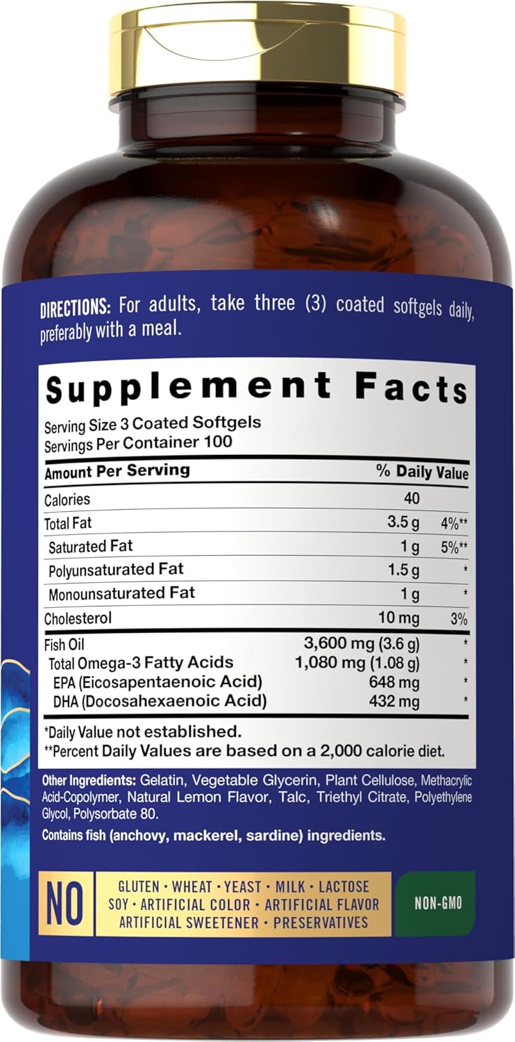 Wild Pacific Carlyle Burpless Fish Oil Softgels - Lemon Flavor | 3600 mg Omega-3 Fatty Acids | Non-GMO, Gluten Free - 300 Count