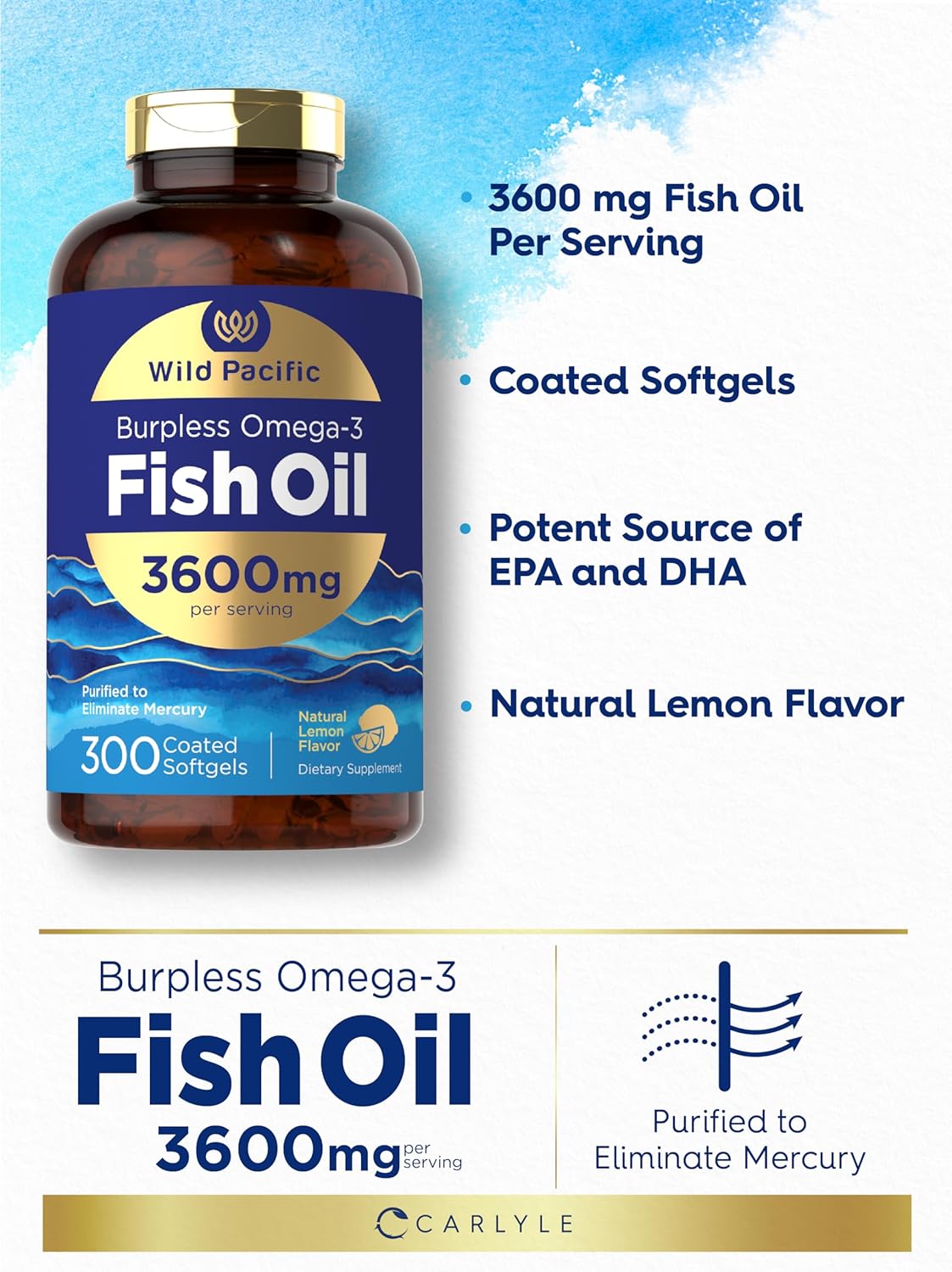 Wild Pacific Carlyle Burpless Fish Oil Softgels - Lemon Flavor | 3600 mg Omega-3 Fatty Acids | Non-GMO, Gluten Free - 300 Count