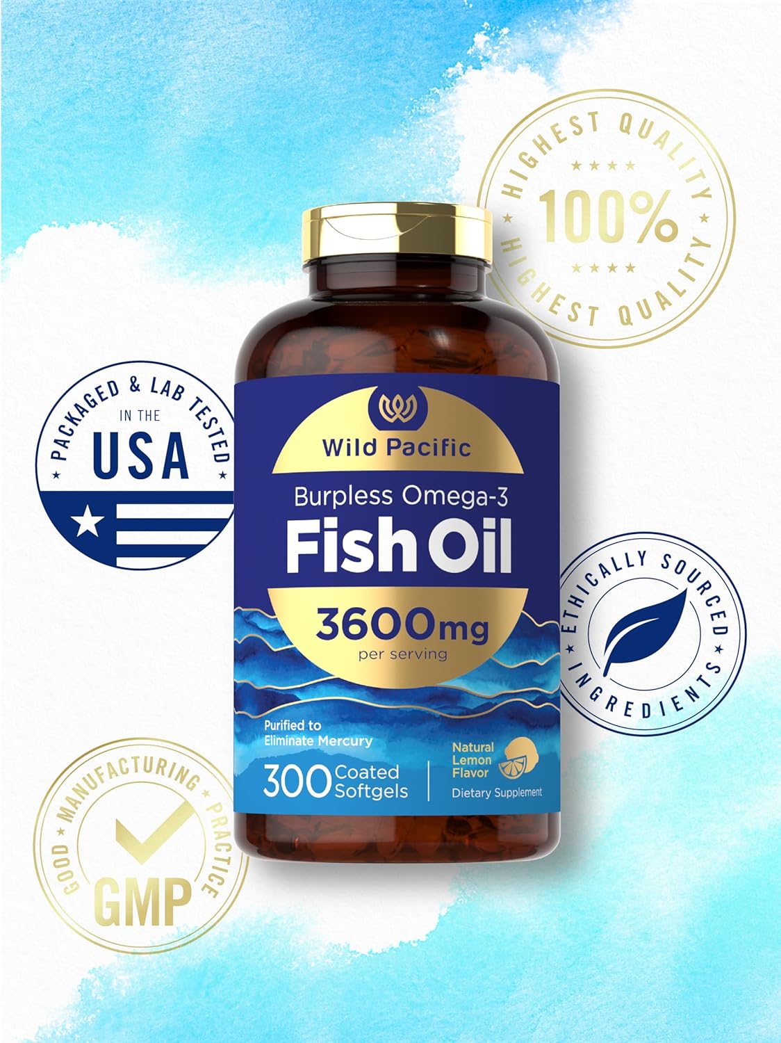 Wild Pacific Carlyle Burpless Fish Oil Softgels - Lemon Flavor | 3600 mg Omega-3 Fatty Acids | Non-GMO, Gluten Free - 300 Count
