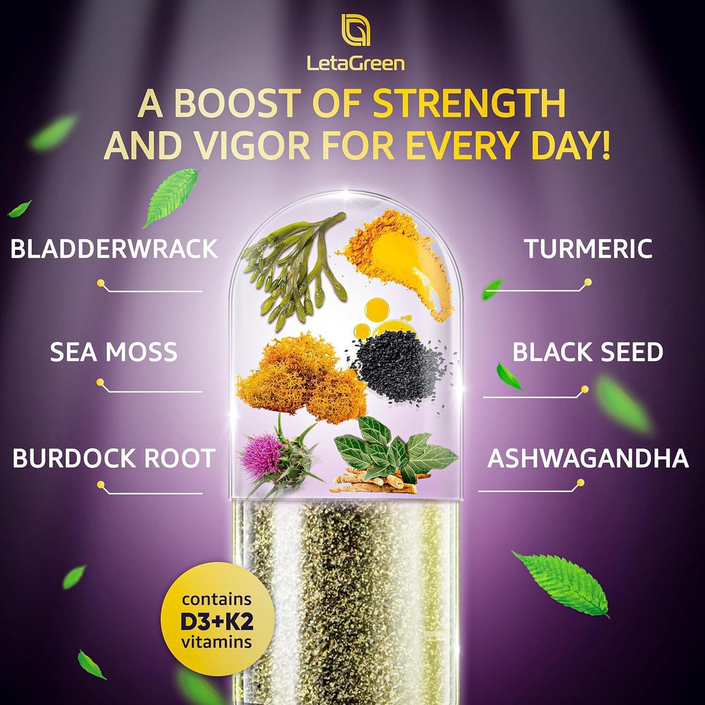 Wildcrafted LetaGreen Irish Sea Moss & Himalayan Shilajit Capsules with Black Seed Oil, Burdock Root, Bladderwrack Powder - 120 Fulvic Acid Pills