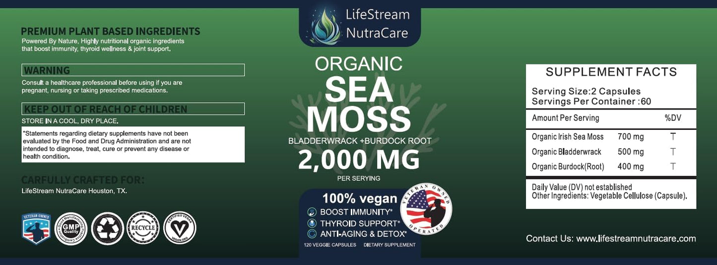 Wildcrafted Sea Moss Capsules with Bladderwrack & Burdock Root - 92 Essential Vitamins & Minerals for Immune Support, Anti-Aging - 120 Capsules, USA Quality