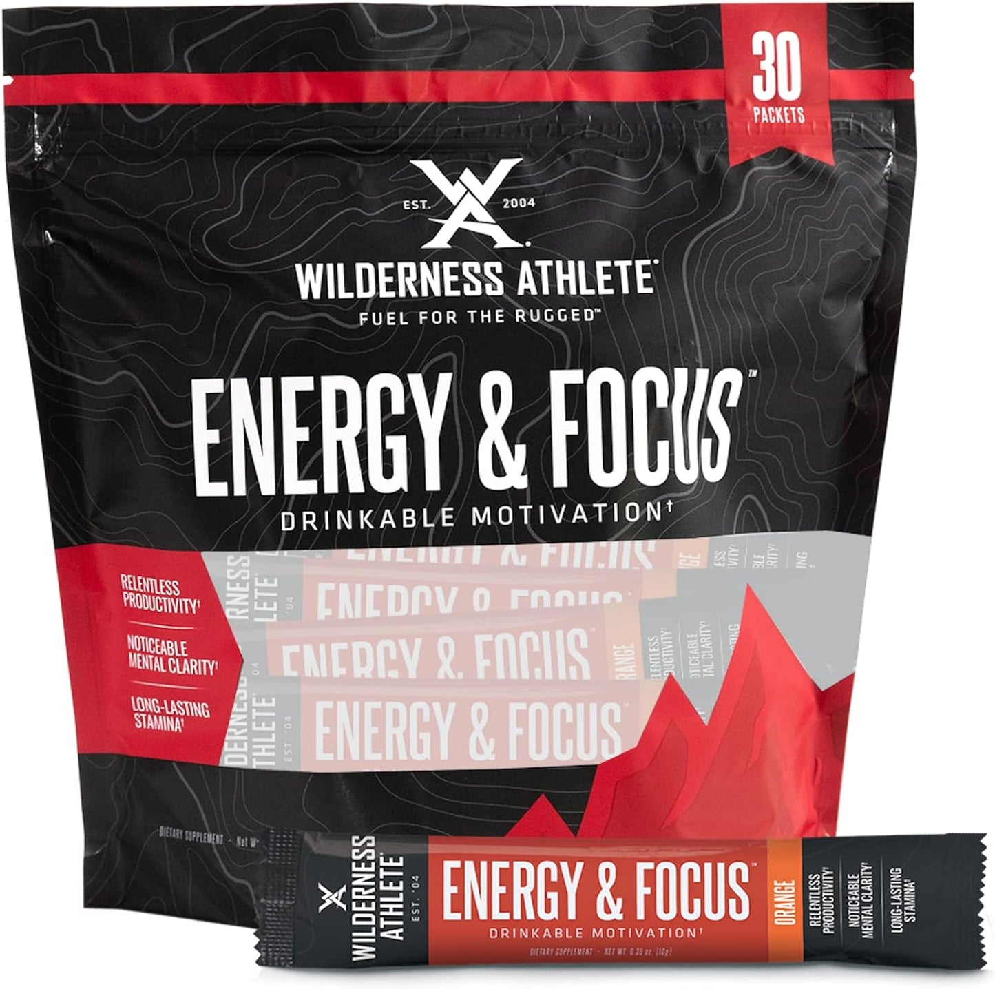 Wilderness Athlete Energy & Focus Drink Mix - Natural Caffeine Booster for Women & Men - Low-Carb, Sugar-Free Powder - 30 Servings (Orange)
