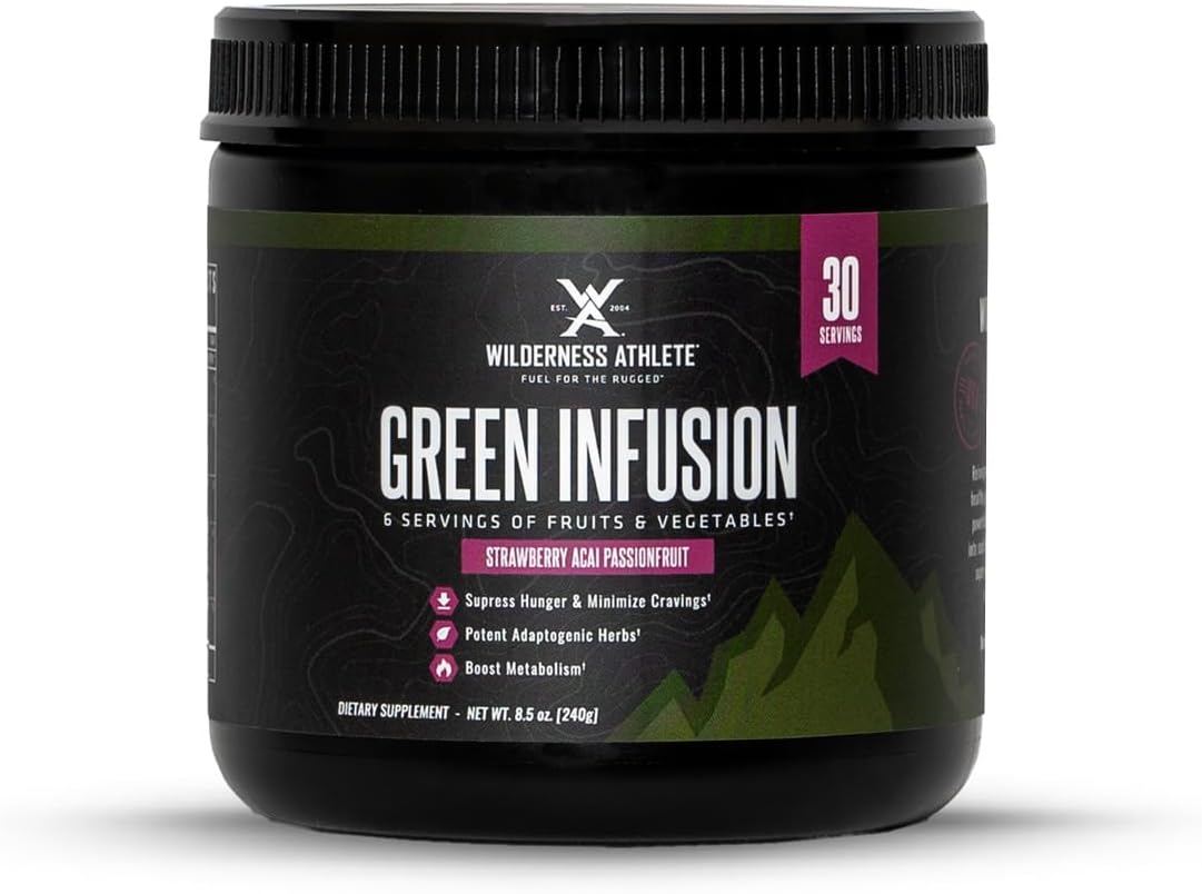 Wilderness Athlete Green Infusion Superfood Powder with Wheatgrass, Astragalus, Green Tea, Chlorella - Strawberry Acaí Passionfruit Flavor