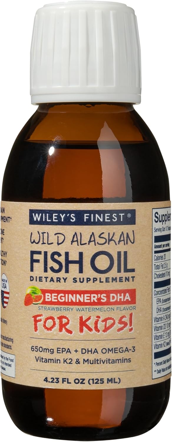 Wiley's Finest Wild Alaskan Kids' Liquid Fish Oil Supplement - Strawberry Watermelon Flavor - 650mg EPA & DHA Omega-3s - Ages 1+ - 4.23 Oz