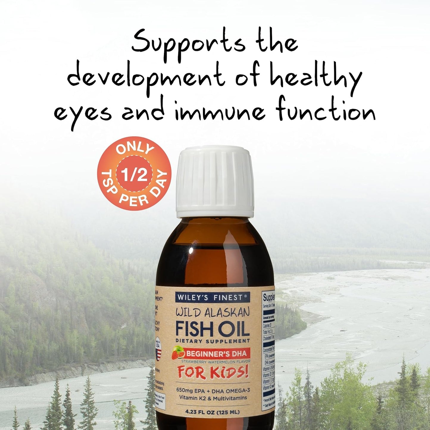 Wiley's Finest Wild Alaskan Kids' Liquid Fish Oil Supplement - Strawberry Watermelon Flavor - 650mg EPA & DHA Omega-3s - Ages 1+ - 4.23 Oz