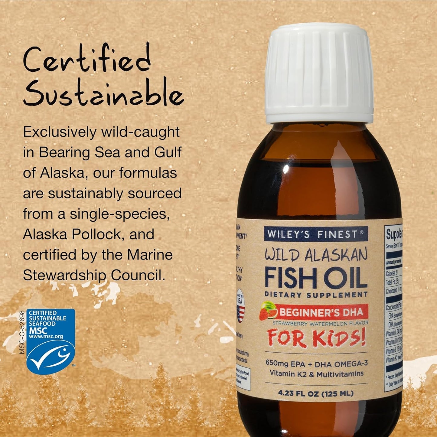Wiley's Finest Wild Alaskan Kids' Liquid Fish Oil Supplement - Strawberry Watermelon Flavor - 650mg EPA & DHA Omega-3s - Ages 1+ - 4.23 Oz