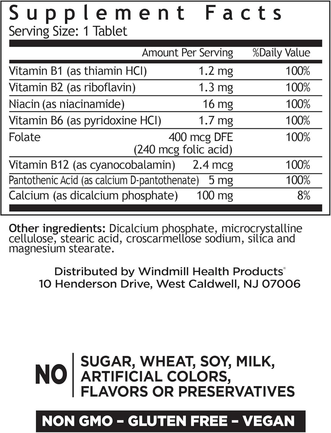 Windmill Natural Vitamins B Complex: Energy Boost & Metabolism Support - 100 Tablets