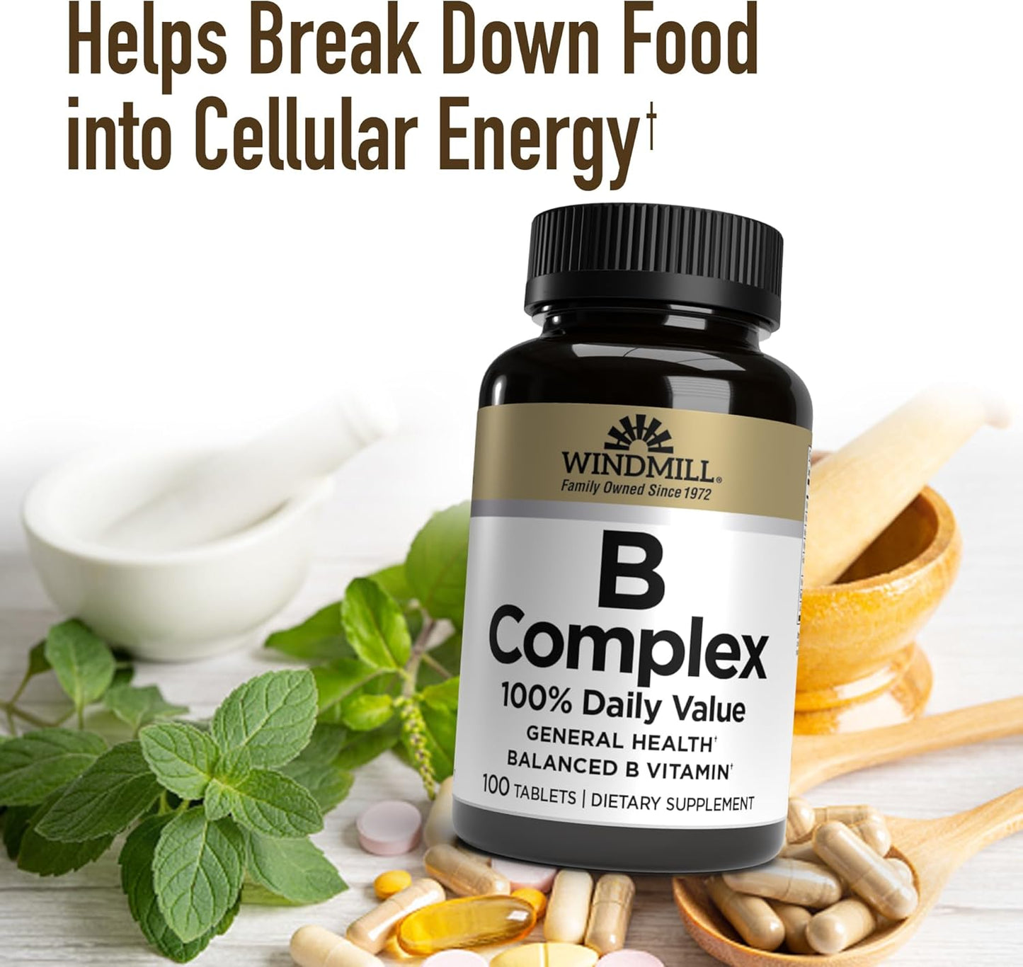Windmill Natural Vitamins B Complex: Energy Boost & Metabolism Support - 100 Tablets