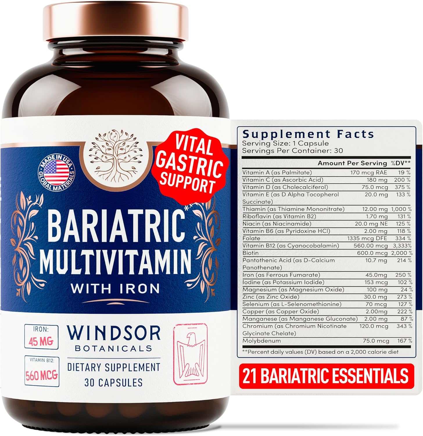 WINDSOR BOTANICALS 45mg Iron Bariatric Multivitamin - Easy One a Day for Women and Men - Gastric Bypass, Sleeve Recovery - 30 Capsules