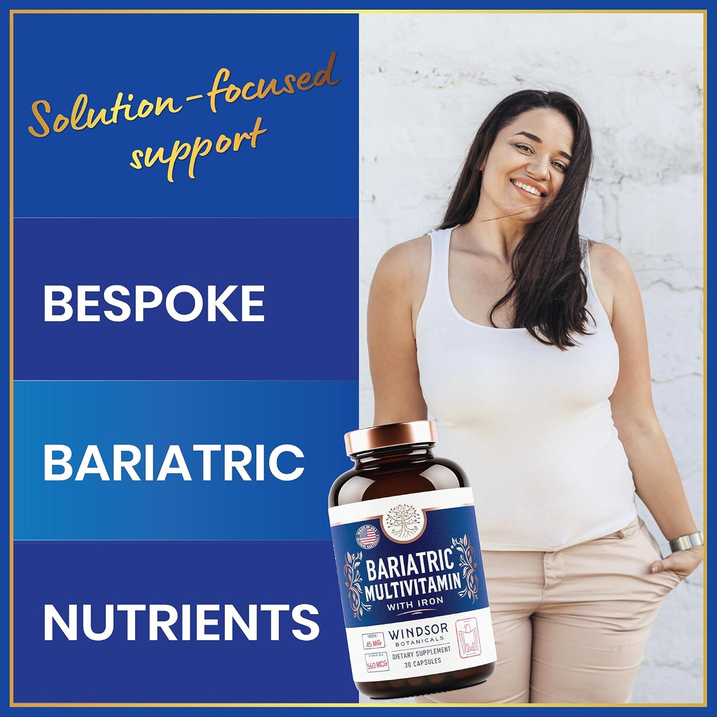 WINDSOR BOTANICALS 45mg Iron Bariatric Multivitamin - Easy One a Day for Women and Men - Gastric Bypass, Sleeve Recovery - 30 Capsules