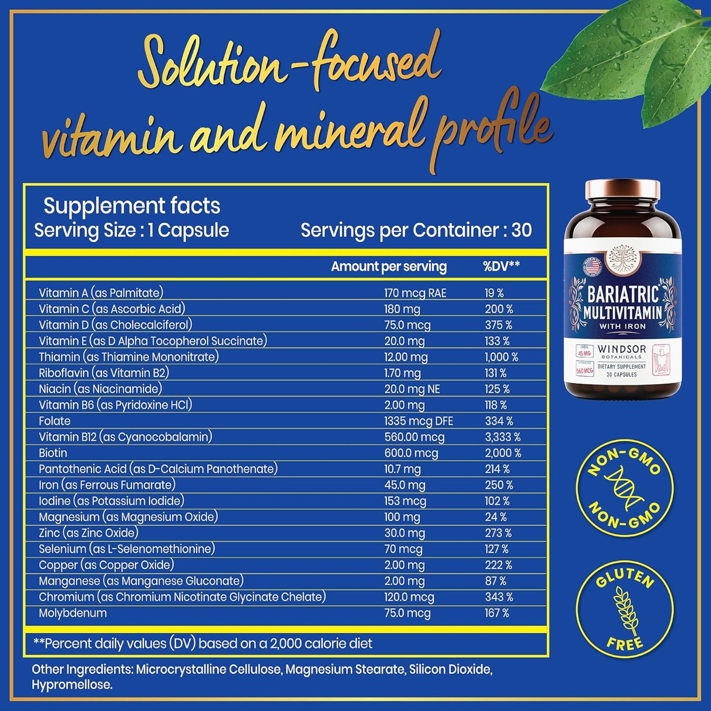 WINDSOR BOTANICALS 45mg Iron Bariatric Multivitamin - Easy One a Day for Women and Men - Gastric Bypass, Sleeve Recovery - 30 Capsules