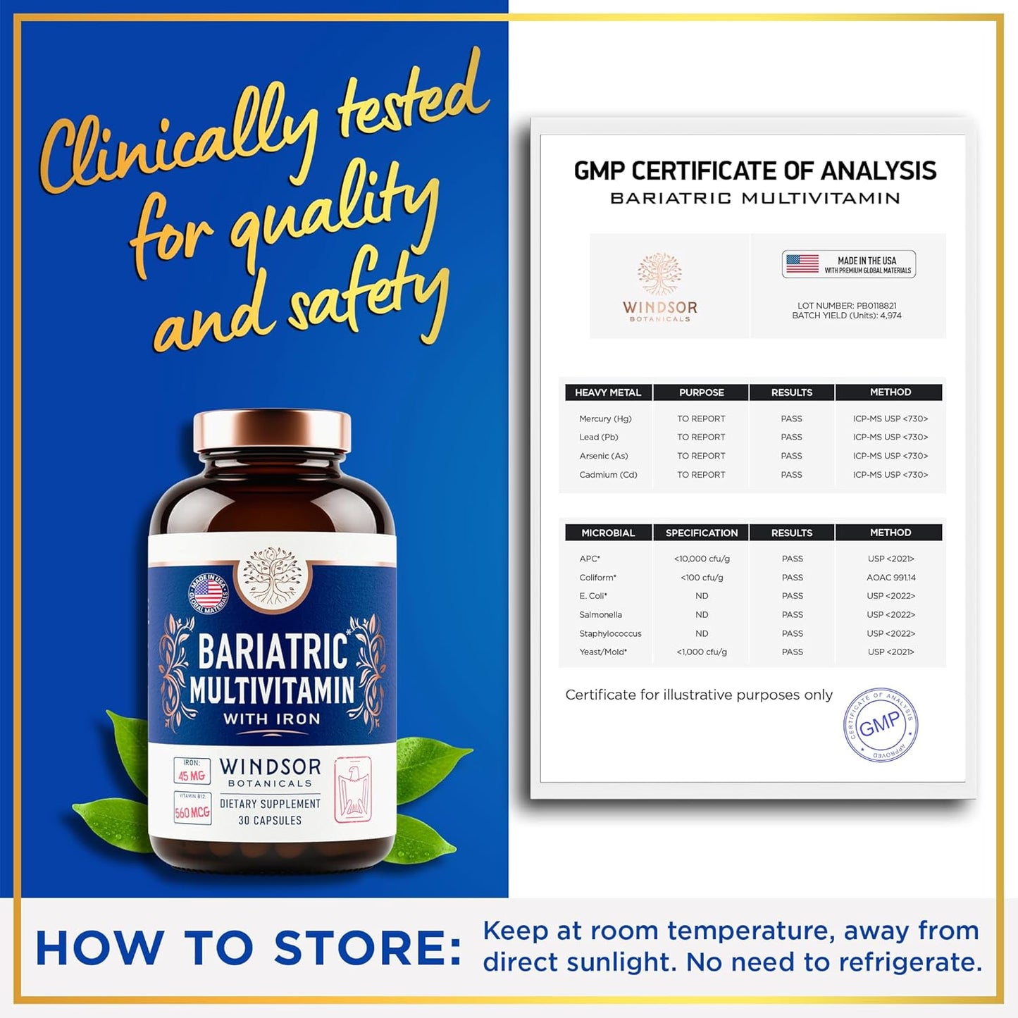 WINDSOR BOTANICALS 45mg Iron Bariatric Multivitamin - Easy One a Day for Women and Men - Gastric Bypass, Sleeve Recovery - 30 Capsules