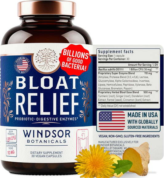 WINDSOR BOTANICALS Bloat Relief Probiotic Enzymes with Turmeric and Fennel - Digestive Health Supplement for Men and Women - 30 Capsules