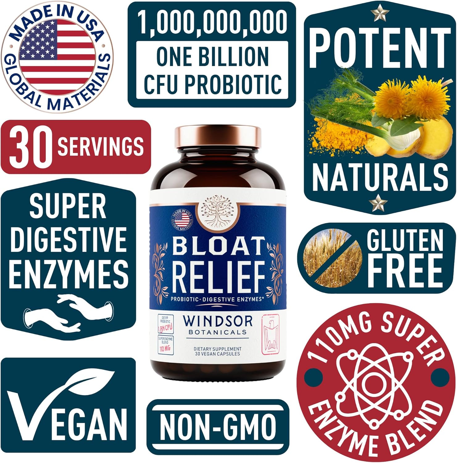 WINDSOR BOTANICALS Bloat Relief Probiotic Enzymes with Turmeric and Fennel - Digestive Health Supplement for Men and Women - 30 Capsules