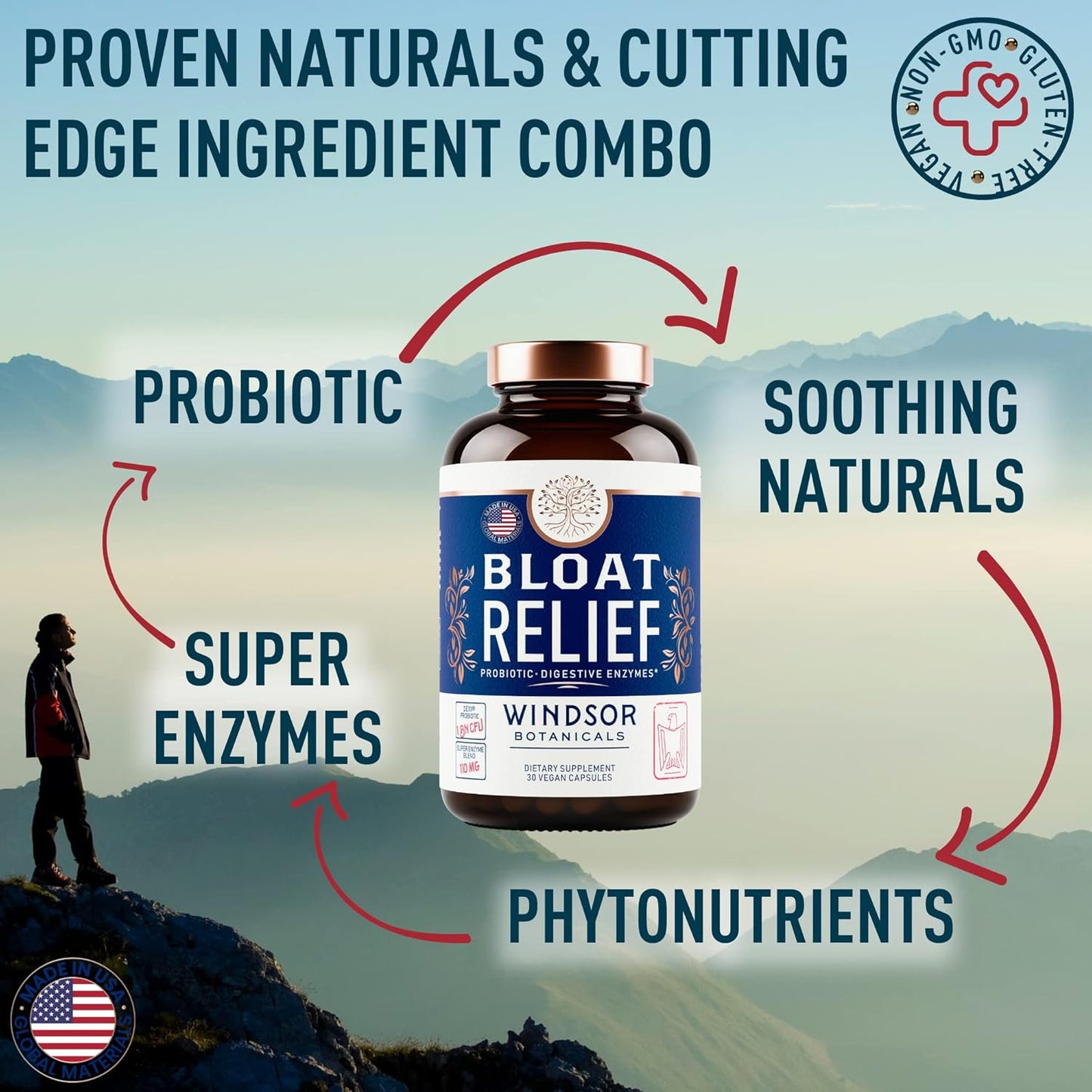 WINDSOR BOTANICALS Bloat Relief Probiotic Enzymes with Turmeric and Fennel - Digestive Health Supplement for Men and Women - 30 Capsules