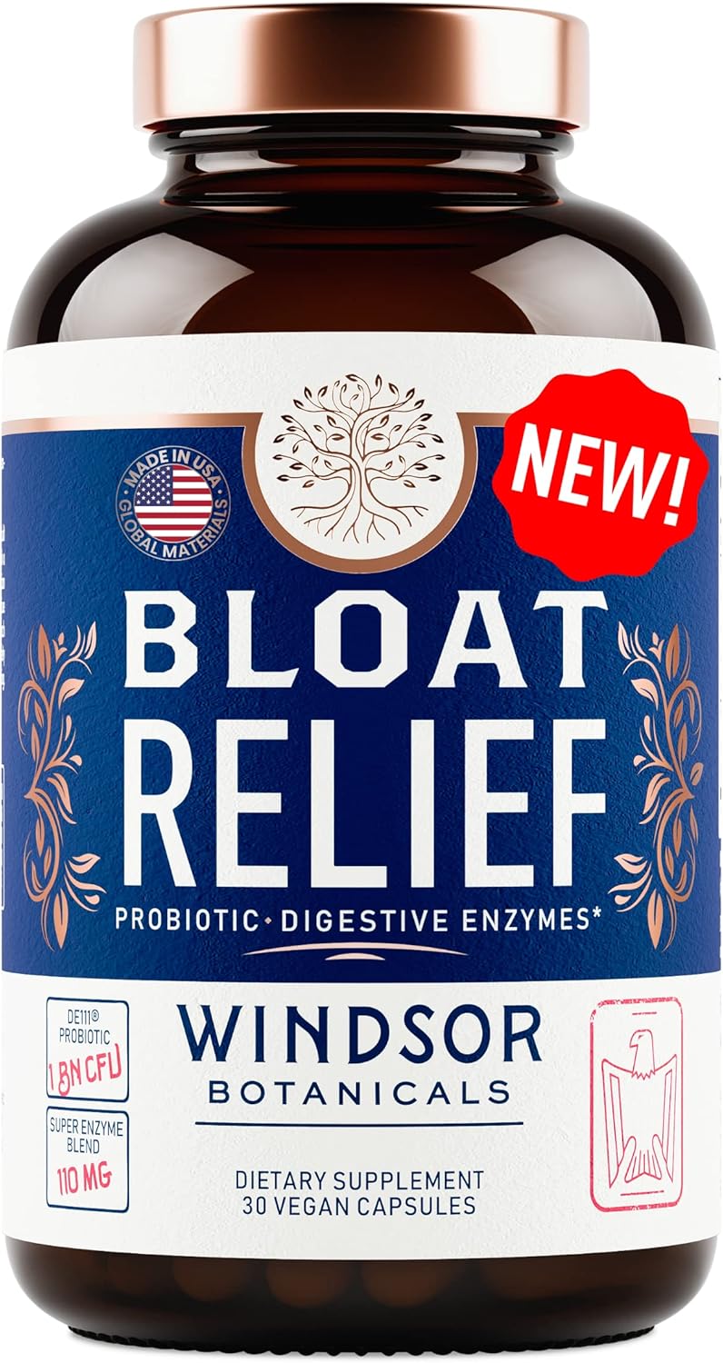 WINDSOR BOTANICALS Bloat Relief Probiotic Enzymes with Turmeric and Fennel - Digestive Health Supplement for Men and Women - 30 Capsules