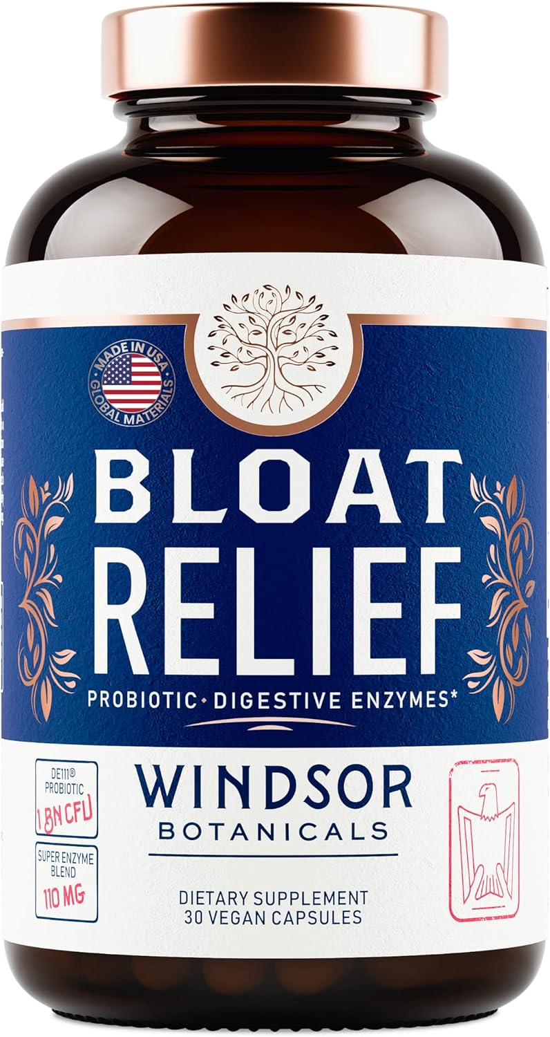 WINDSOR BOTANICALS Bloat Relief Probiotic Enzymes with Turmeric and Fennel - Digestive Health Supplement for Men and Women - 30 Capsules