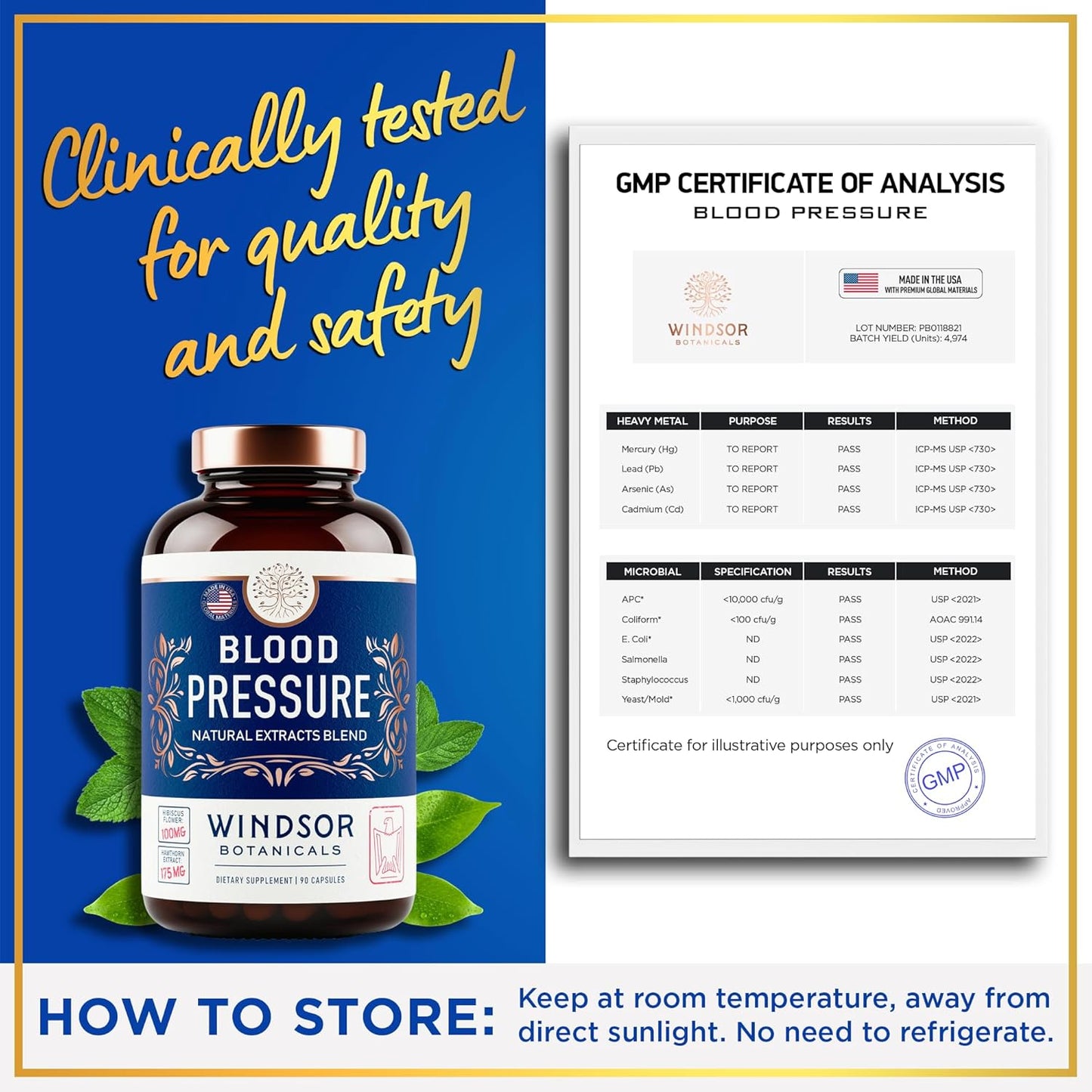 WINDSOR BOTANICALS Blood Pressure Support Supplement with Green Tea, Hibiscus, Hawthorn, Garlic - 90 Capsules, 3 Month Supply - Natural Blood Pressure Vitamin