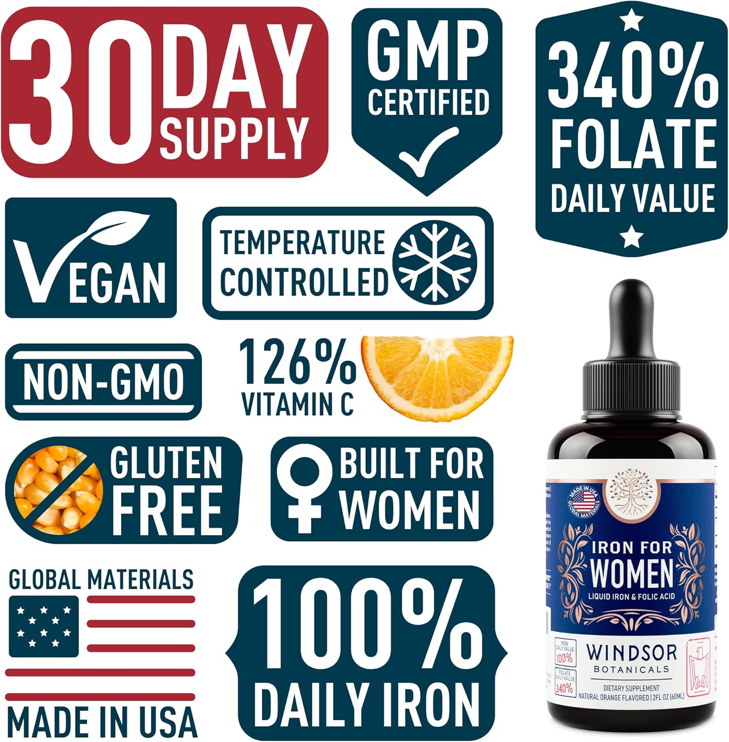WINDSOR BOTANICALS Iron Folic Acid Vitamin C Male Fertility Pregnancy Support Supplement Bundle