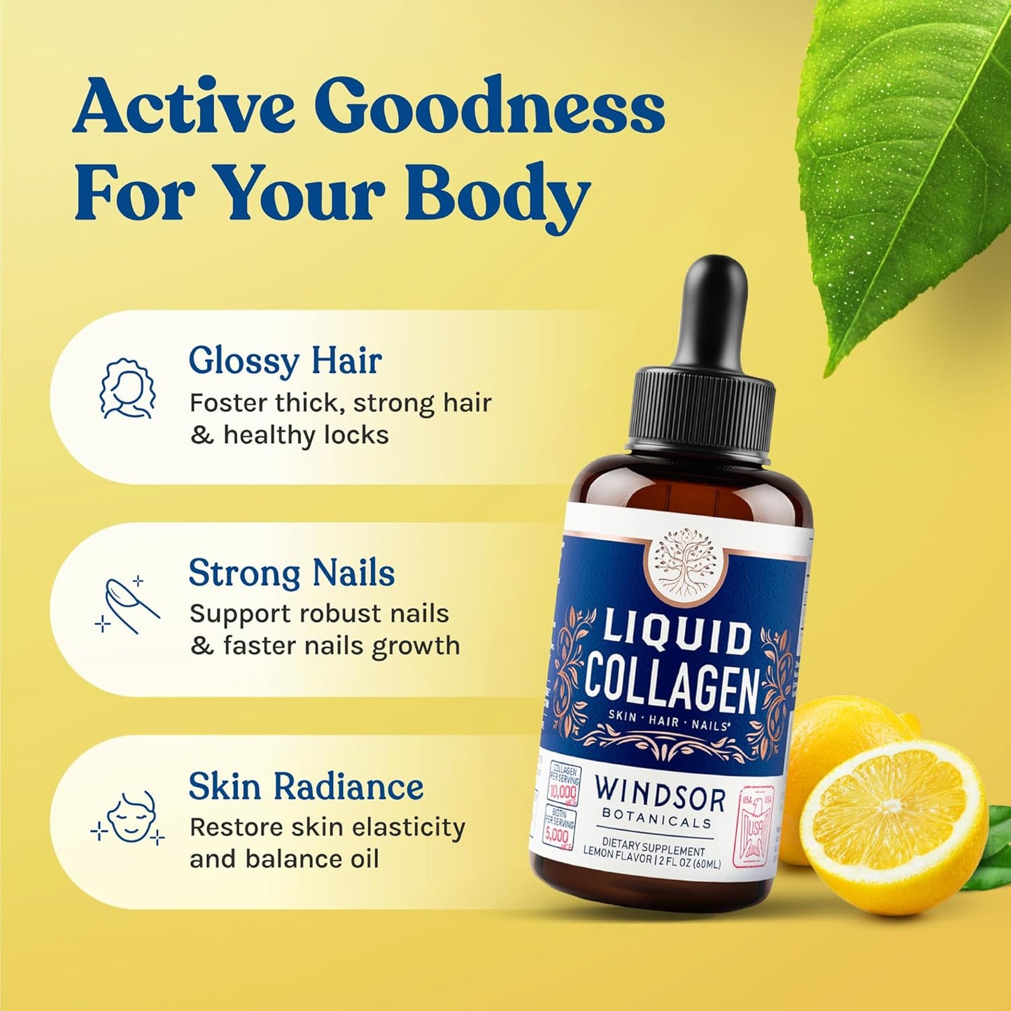 WINDSOR BOTANICALS Liquid Collagen Peptides Supplement - Hair, Skin, Nail, Joint Support - 10,000mcg Collagen, 5,000mcg Biotin - Lemon Flavor - 2 oz - 2-Month Supply