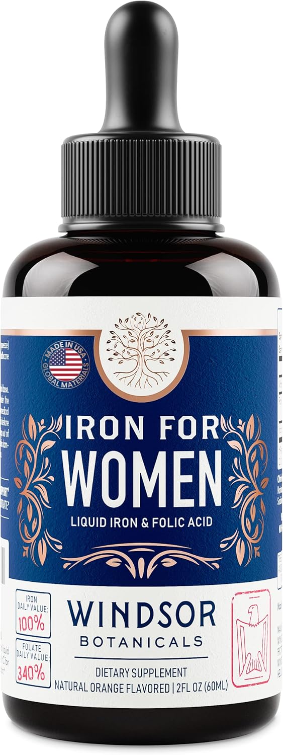 WINDSOR BOTANICALS Liquid Iron Supplement with Folic Acid and Vitamin C - Vegan Blood Builder and Anemia Support - 2 oz Orange Flavor Iron Drops for Women