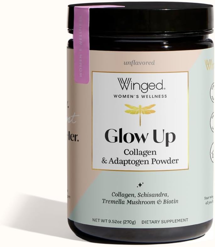 Winged Glow Up Collagen Powder 3 Pack for Women - Hair, Skin, Nails & Stress Relief - Grass Fed Peptides with Adaptogens, Vitamin C & Biotin - Unflavored (75 Servings)
