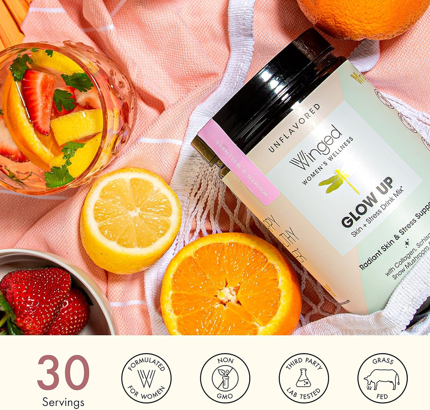 Winged Glow Up Collagen Powder 3 Pack for Women - Hair, Skin, Nails & Stress Relief - Grass Fed Peptides with Adaptogens, Vitamin C & Biotin - Unflavored (75 Servings)