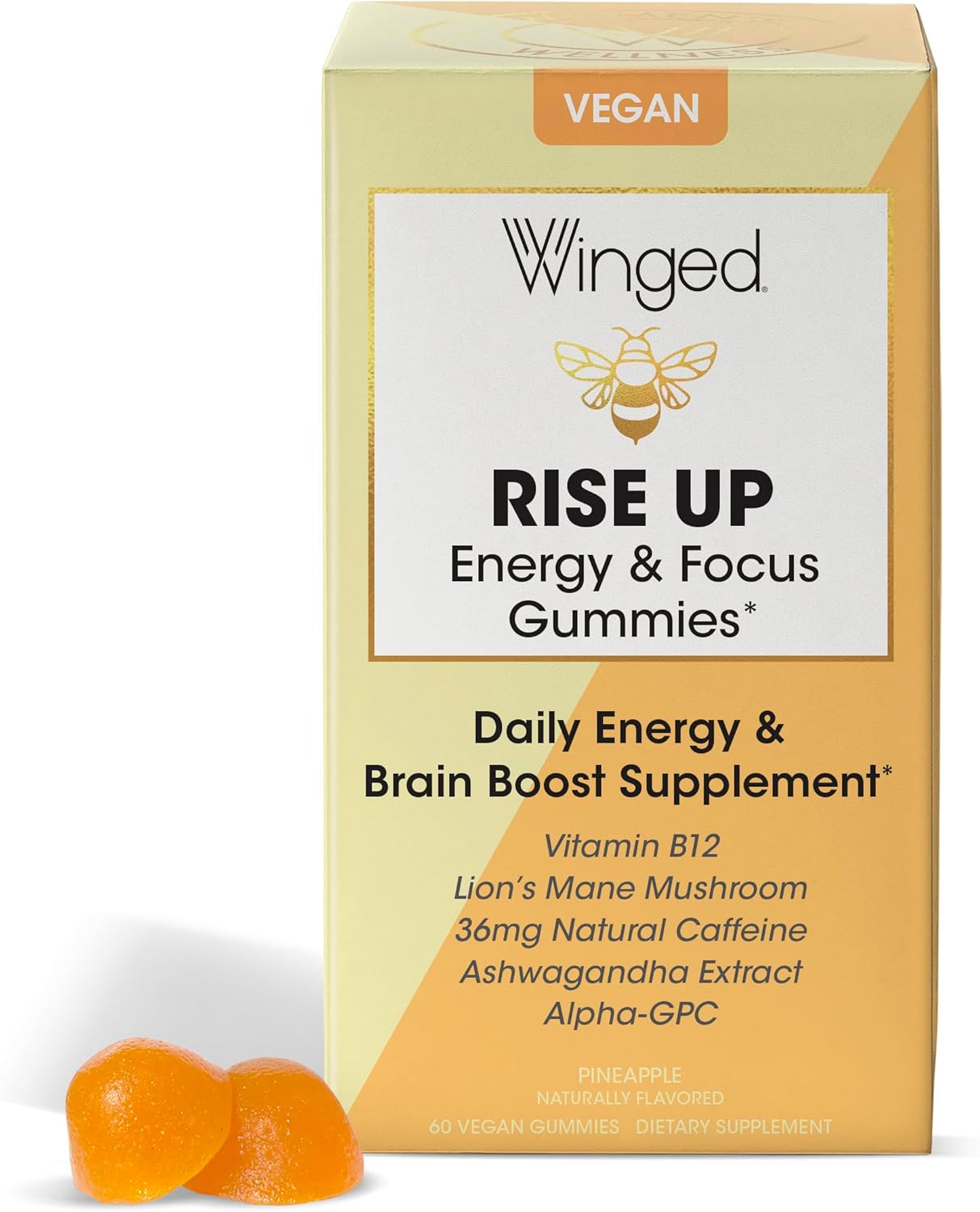 Winged Rise Up Energy & Brain Boost Gummies - Natural Caffeine, Ashwagandha, B12, Nootropics Alpha-GPC, Lion’s Mane, Huperzine A - Pineapple Flavor (30 Servings)