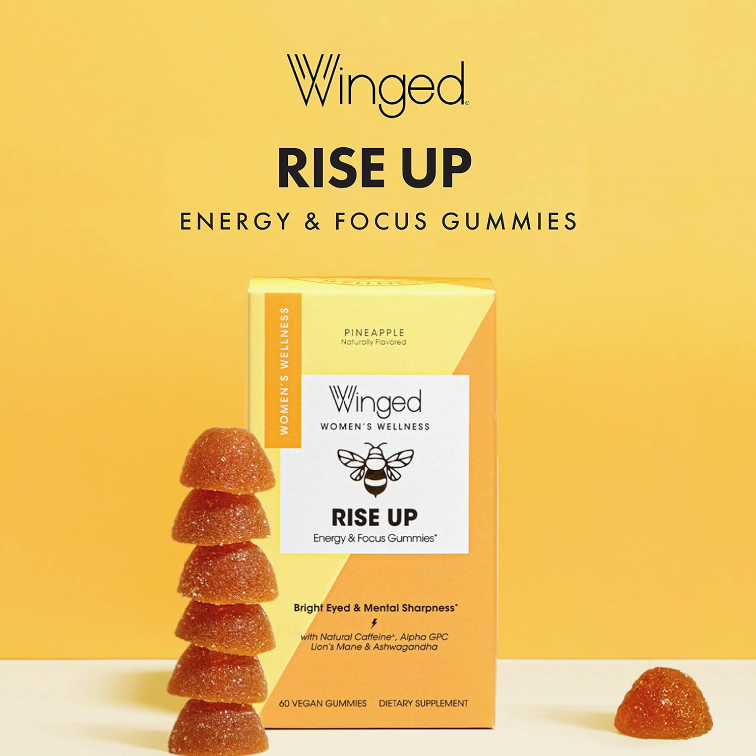 Winged Rise Up Energy & Brain Boost Gummies - Natural Caffeine, Ashwagandha, B12, Nootropics Alpha-GPC, Lion’s Mane, Huperzine A - Pineapple Flavor (30 Servings)