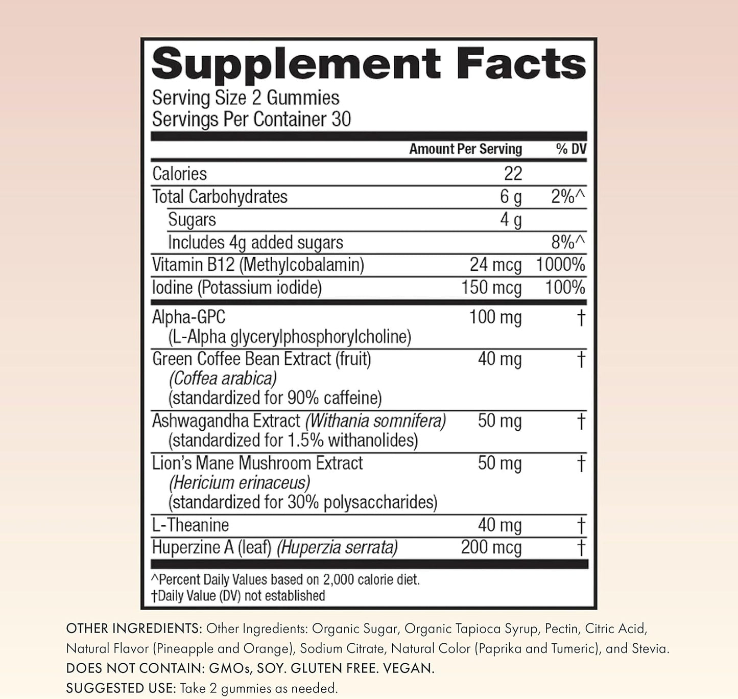 Winged Rise Up Energy & Brain Boost Gummies - Natural Caffeine, Ashwagandha, B12, Nootropics Alpha-GPC, Lion’s Mane, Huperzine A - Pineapple Flavor (30 Servings)
