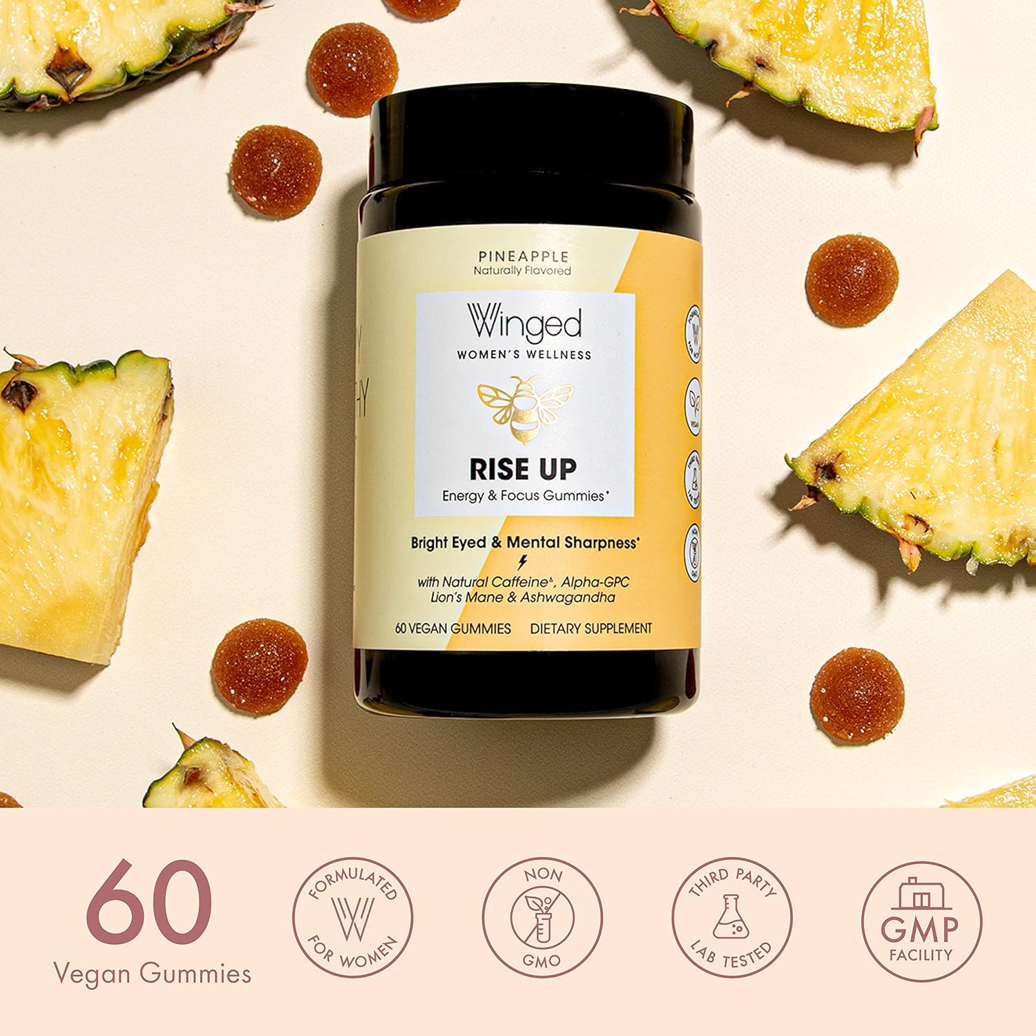 Winged Rise Up Energy & Brain Boost Gummies - Natural Caffeine, Ashwagandha, B12, Nootropics Alpha-GPC, Lion’s Mane, Huperzine A - Pineapple Flavor (30 Servings)