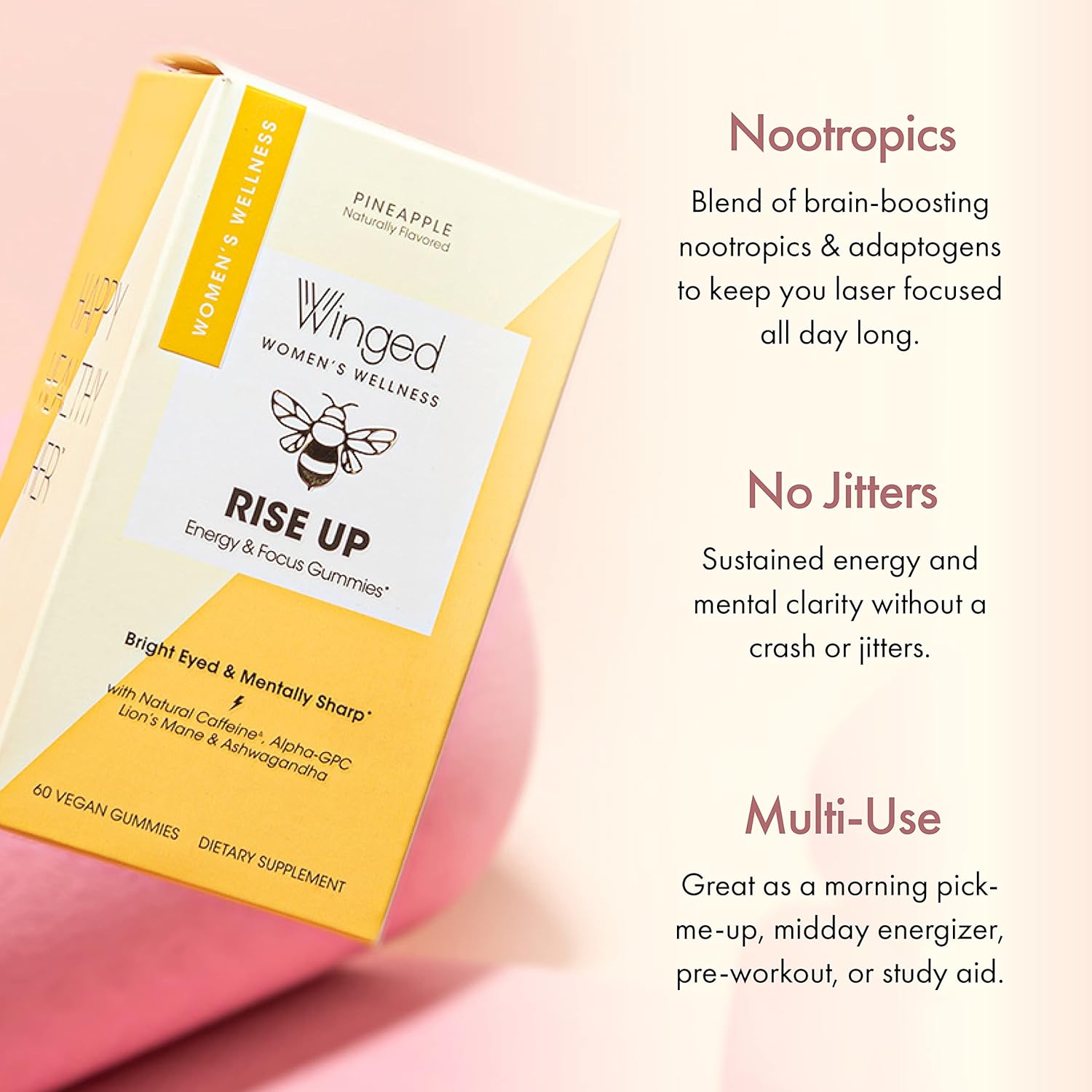 Winged Rise Up Energy & Brain Boost Gummies - Natural Caffeine, Ashwagandha, B12, Nootropics Alpha-GPC, Lion’s Mane, Huperzine A - Pineapple Flavor (30 Servings)