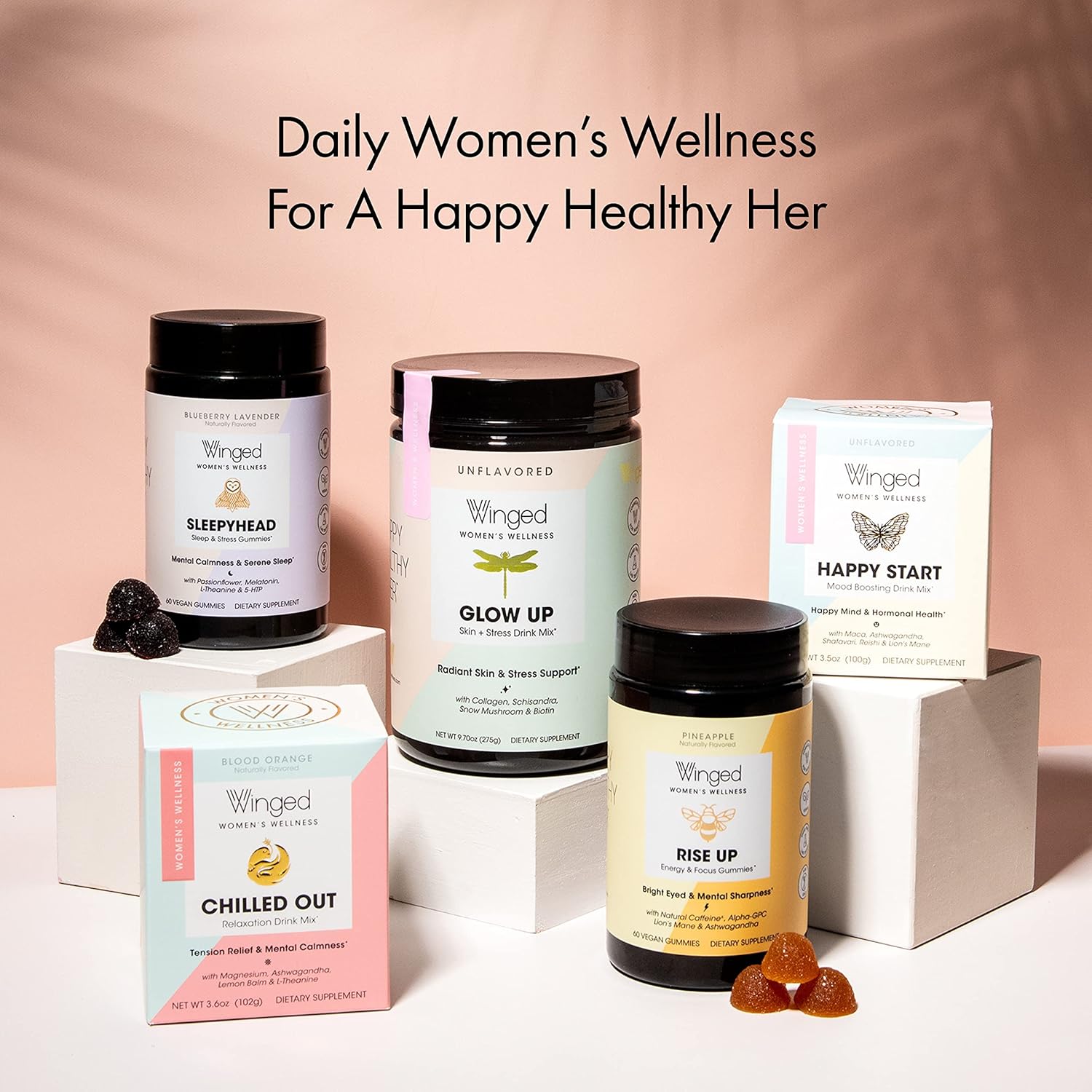 Winged Rise Up Energy & Brain Boost Gummies - Natural Caffeine, Ashwagandha, B12, Nootropics Alpha-GPC, Lion’s Mane, Huperzine A - Pineapple Flavor (30 Servings)