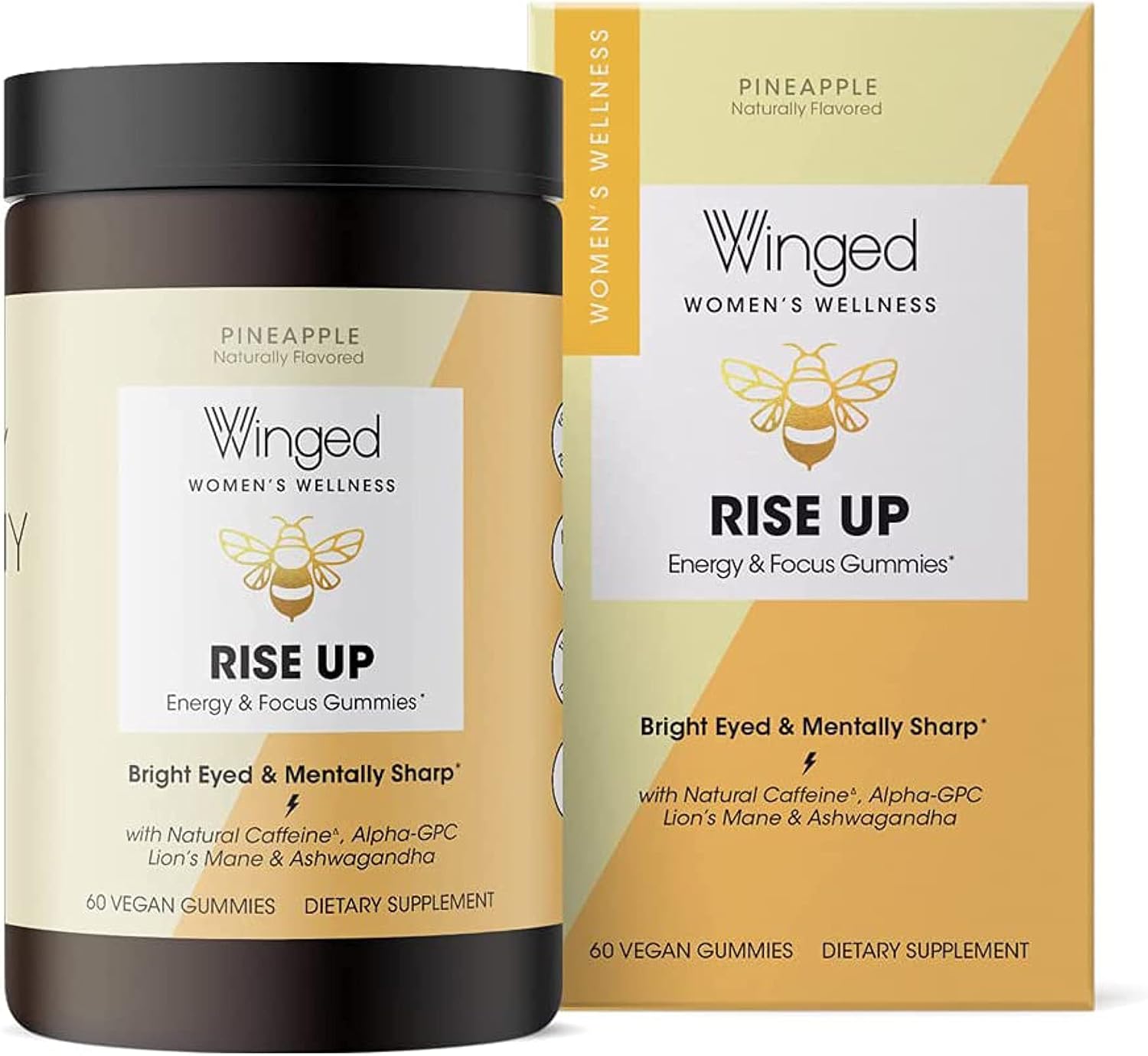 Winged Rise Up Energy & Brain Boost Gummies - Natural Caffeine, Ashwagandha, B12, Nootropics Alpha-GPC, Lion’s Mane, Huperzine A - Pineapple Flavor (30 Servings)