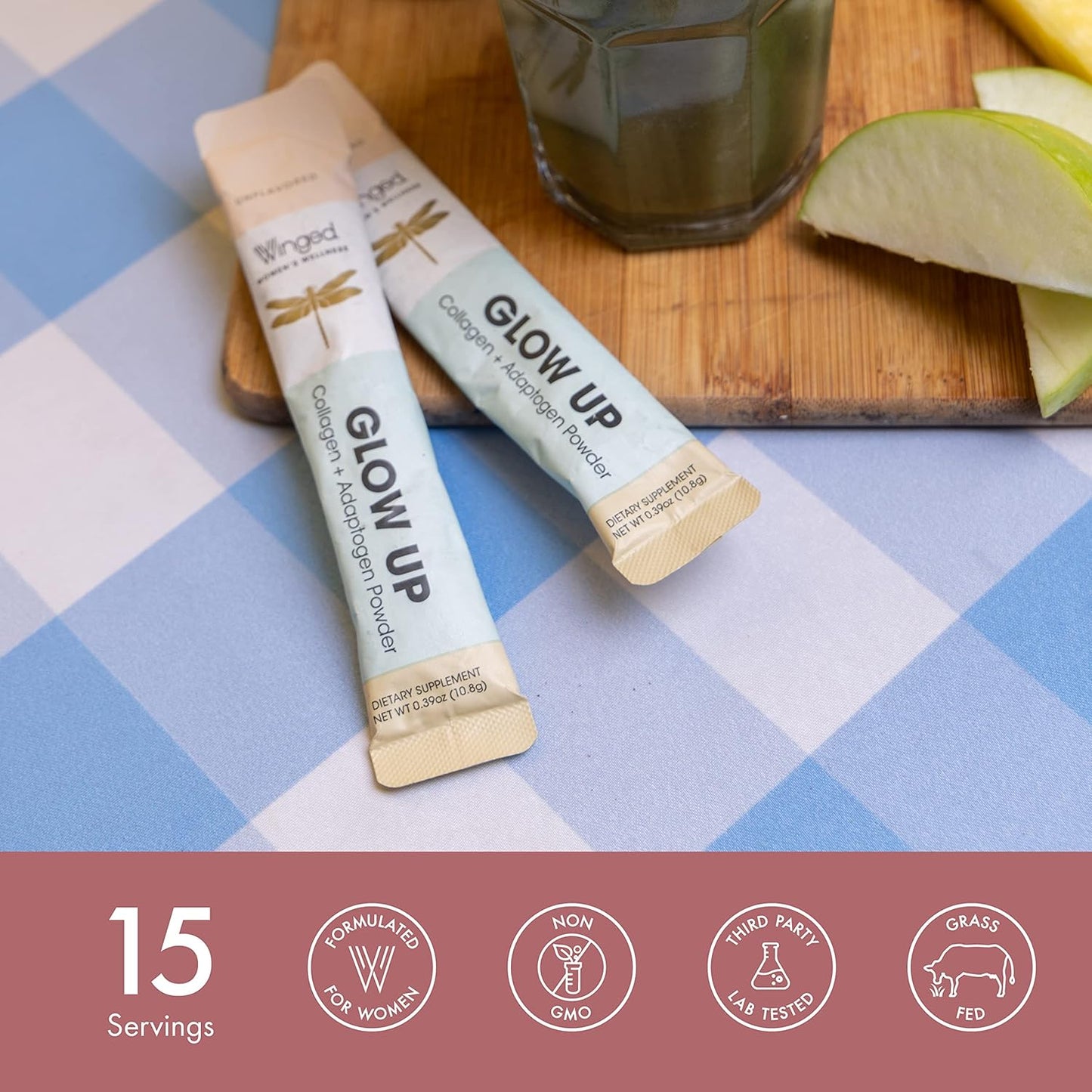 Winged Wellness Collagen Powder with Adaptogens for Hair, Skin, Nails - Grass Fed Peptides with Schisandra, Snow Mushroom, Vitamin C & Biotin - Unflavored, Non GMO - 15 Count