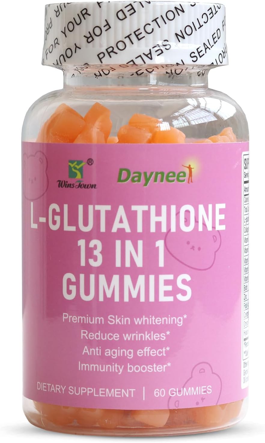 Wins Town L-Glutathione Gummies 1200mg - 13 in 1 Formula for Anti-Aging, Muscle Relief, and Immune Support - Strawberry Flavored Vegan Gummies - 60 Count