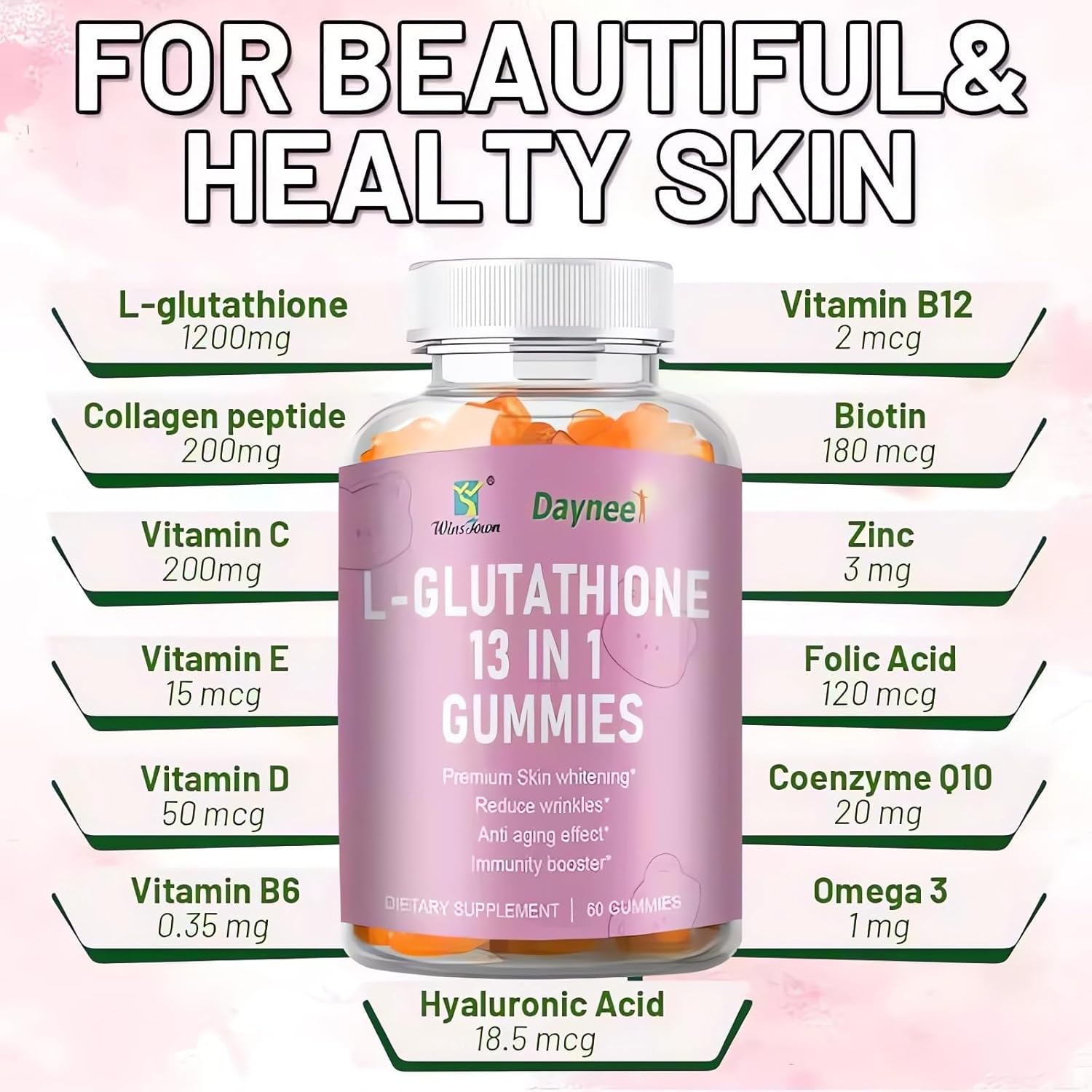 Wins Town L-Glutathione Gummies 1200mg - 13 in 1 Formula for Anti-Aging, Muscle Relief, and Immune Support - Strawberry Flavored Vegan Gummies - 60 Count