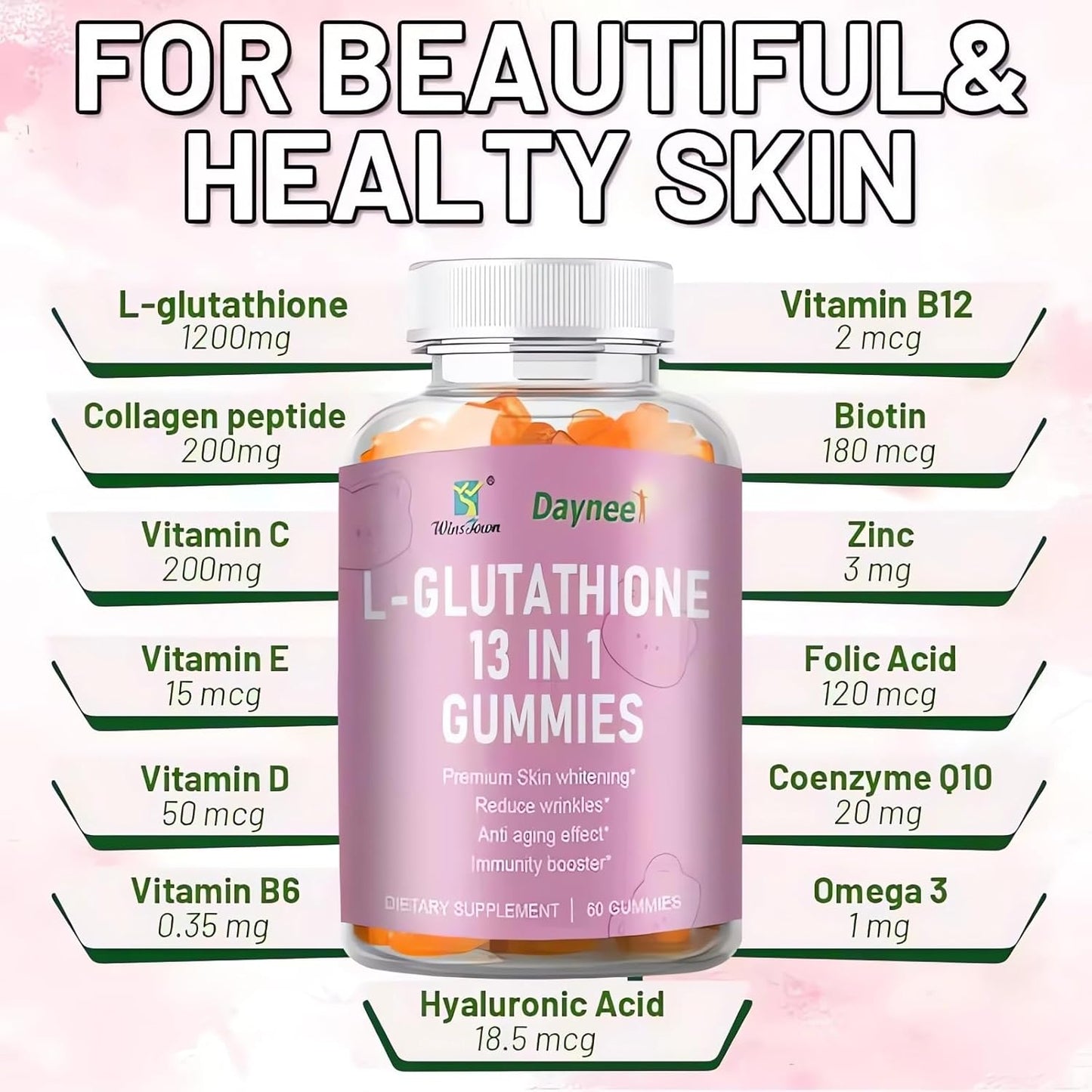 Wins Town L-Glutathione Gummies 1200mg - 13 in 1 Formula for Anti-Aging, Muscle Relief, and Immune Support - Strawberry Flavored Vegan Gummies - 60 Count