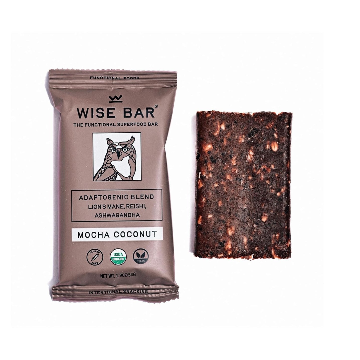 Wise Bar Adaptogen Mushroom Nutrition Bars | Mocha Coconut Flavor | 12 Count | Functional Mushrooms and Adaptogens Bar | Organic Nutrition Energy Bars, Vegan, Gluten Free