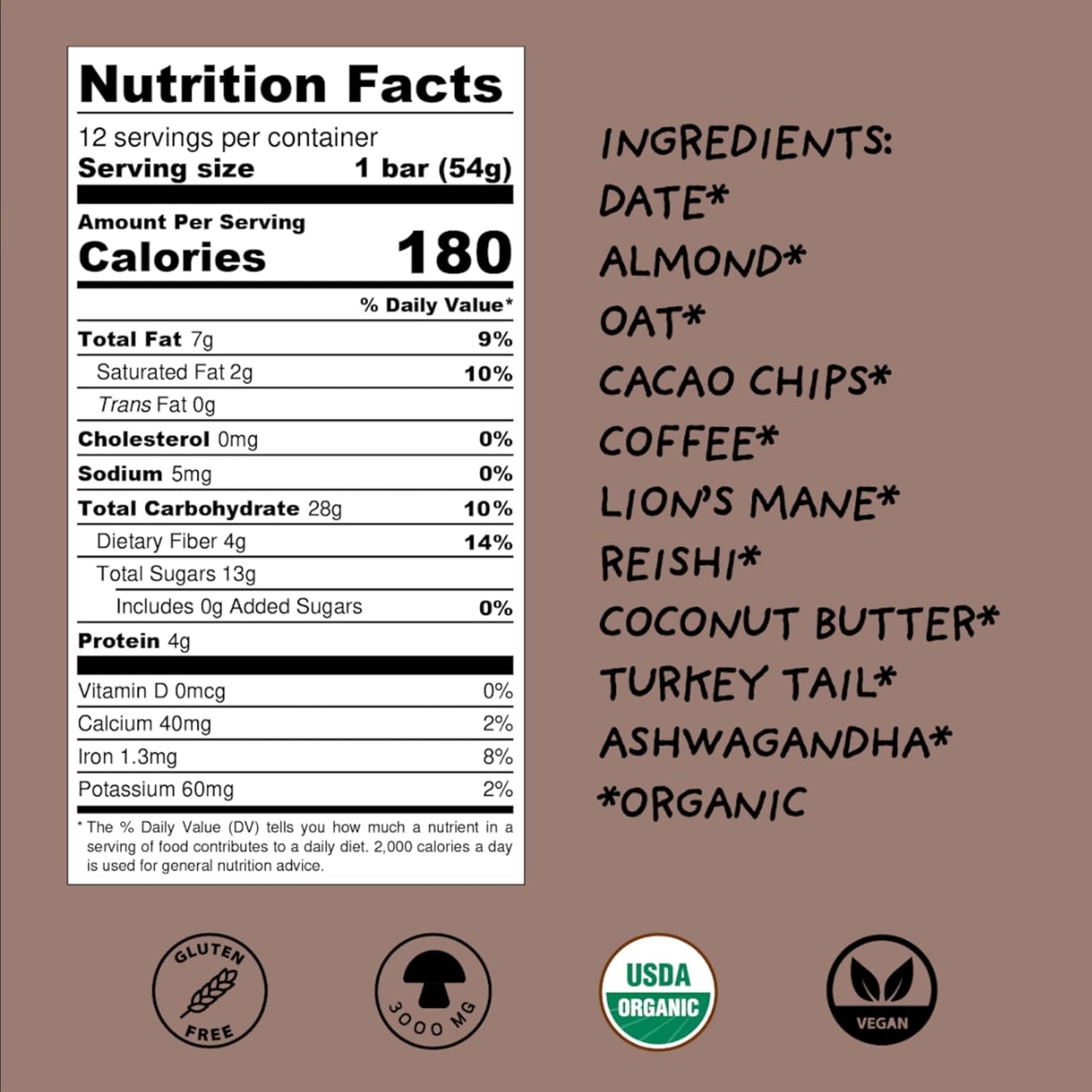 Wise Bar Adaptogen Mushroom Nutrition Bars | Mocha Coconut Flavor | 12 Count | Functional Mushrooms and Adaptogens Bar | Organic Nutrition Energy Bars, Vegan, Gluten Free