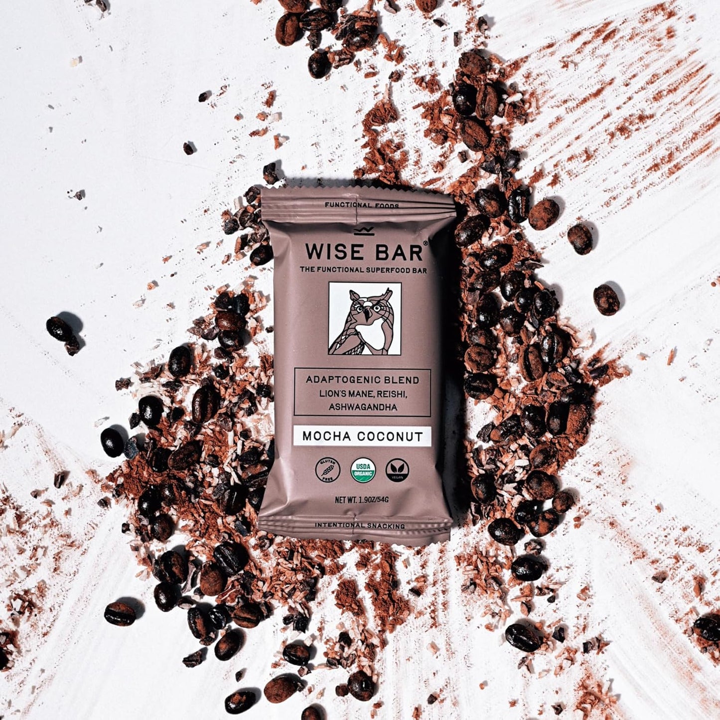 Wise Bar Adaptogen Mushroom Nutrition Bars | Mocha Coconut Flavor | 12 Count | Functional Mushrooms and Adaptogens Bar | Organic Nutrition Energy Bars, Vegan, Gluten Free