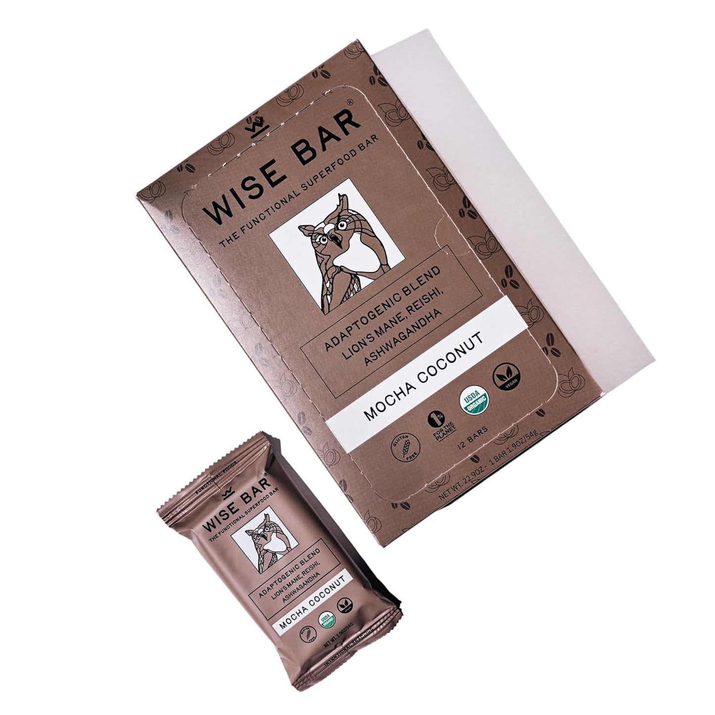 Wise Bar Adaptogen Mushroom Nutrition Bars | Mocha Coconut Flavor | 12 Count | Functional Mushrooms and Adaptogens Bar | Organic Nutrition Energy Bars, Vegan, Gluten Free