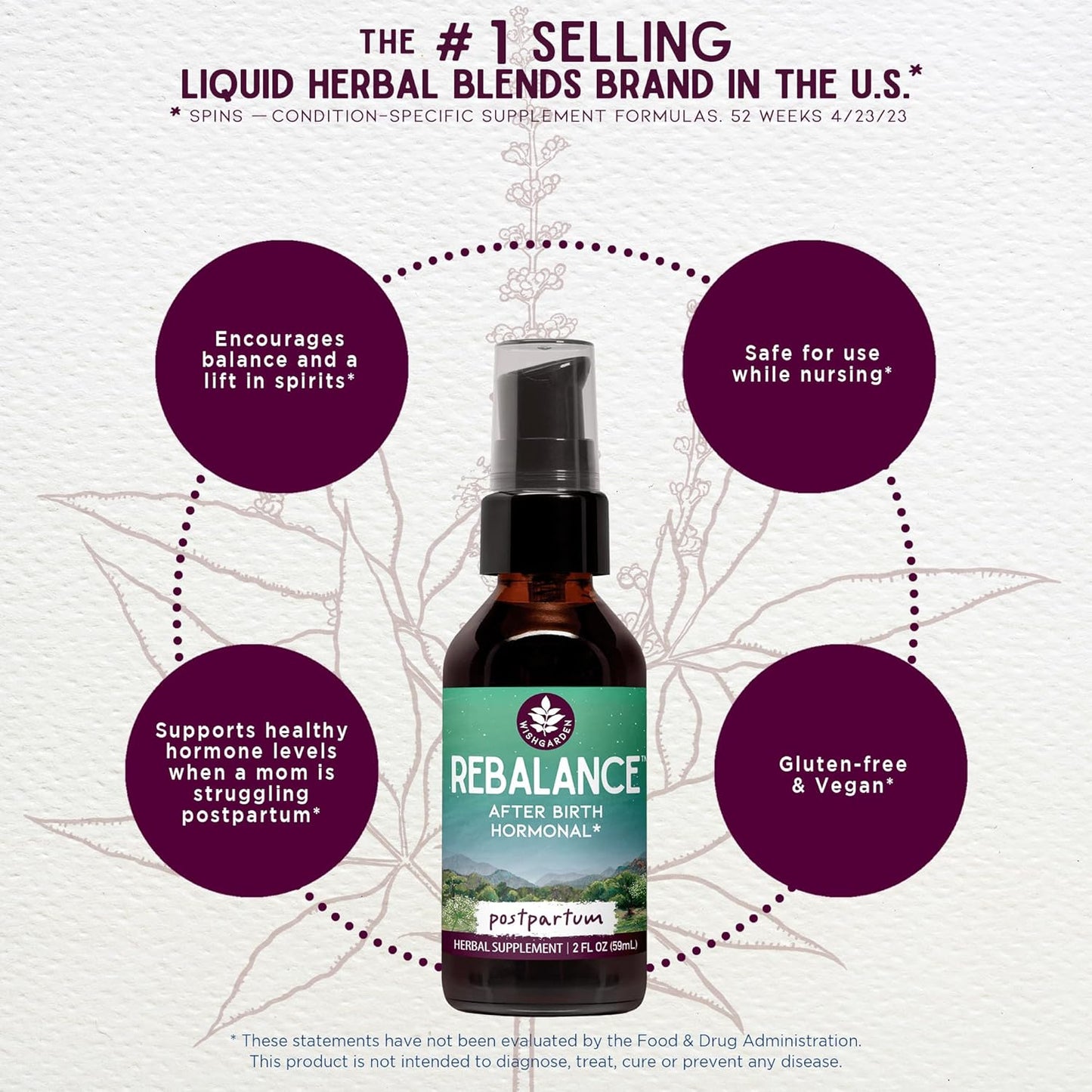 WishGarden Herbs ReBalance Postnatal Hormonal Support Supplement with Vitex Berry & Motherwort - 4oz Bottle