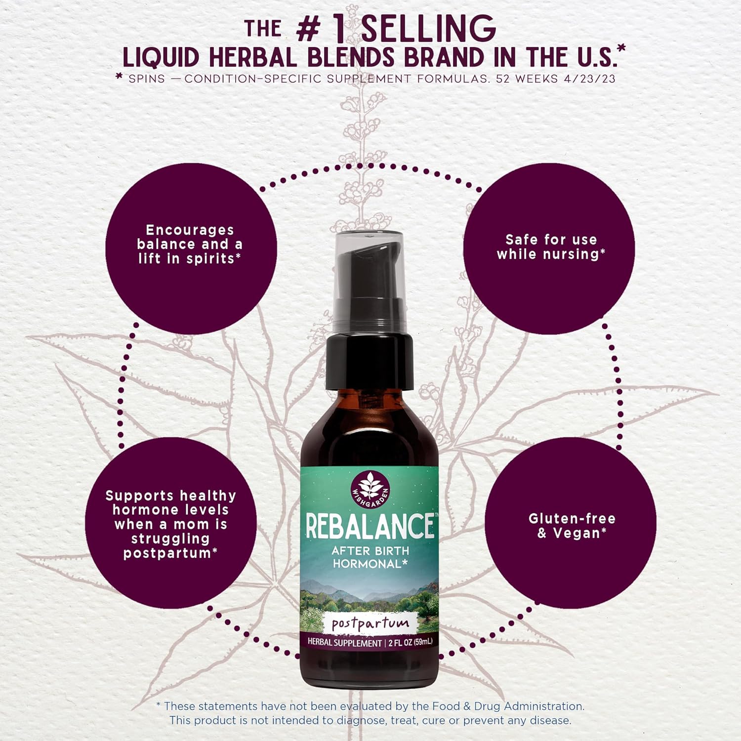 WishGarden Herbs ReBalance Postnatal Hormonal Support Supplement with Vitex Berry & Motherwort - 4oz Bottle