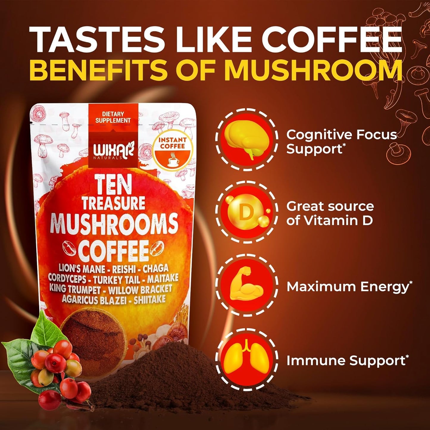 Wixar Naturals Mushroom Coffee Blend - 10 Mushroom Extract Instant Coffee with Lion's Mane, Turkey Tail, Reishi, Chaga, Shiitake, Maitake, Cordyceps - 5oz Powder Supplement