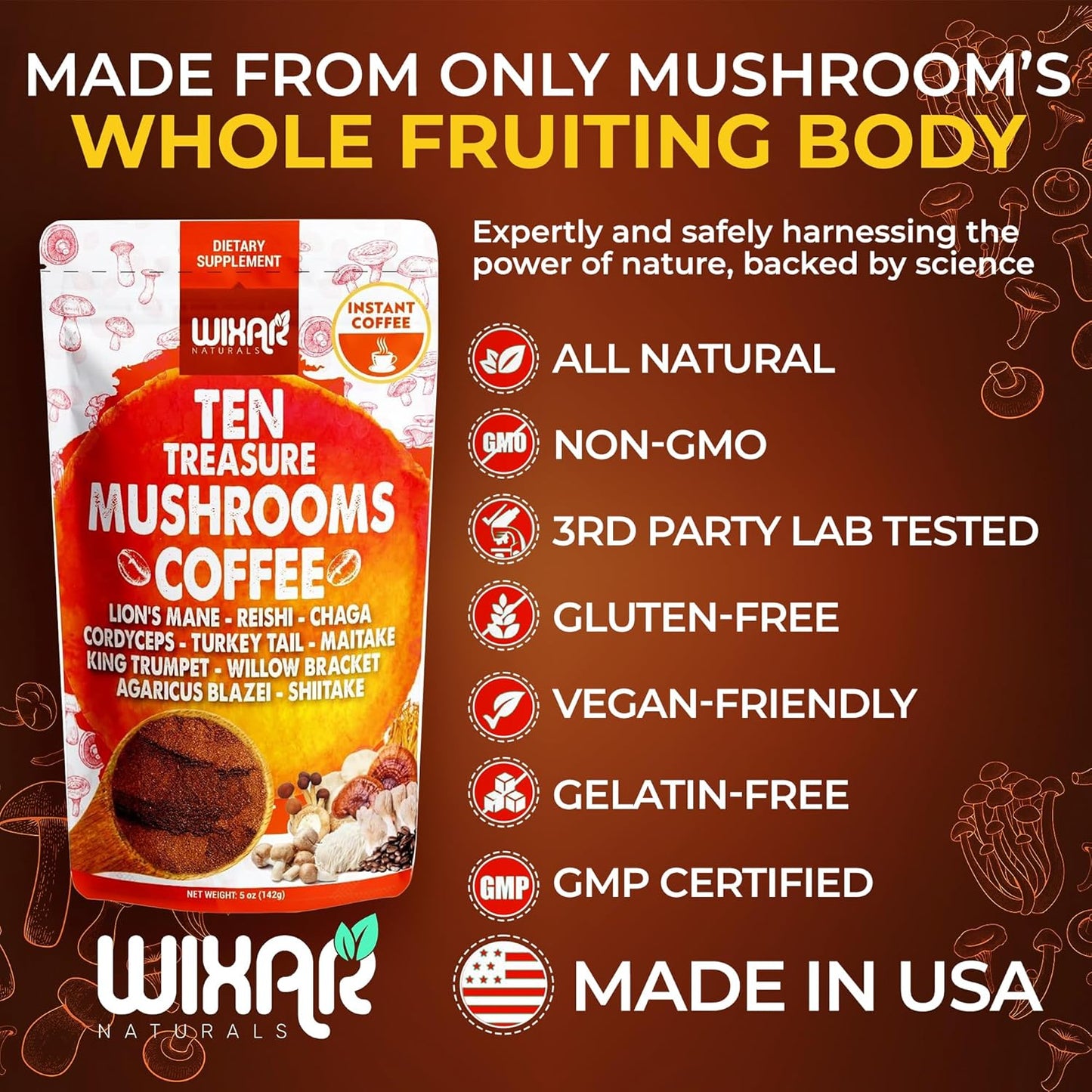 Wixar Naturals Mushroom Coffee Blend - 10 Mushroom Extract Instant Coffee with Lion's Mane, Turkey Tail, Reishi, Chaga, Shiitake, Maitake, Cordyceps - 5oz Powder Supplement
