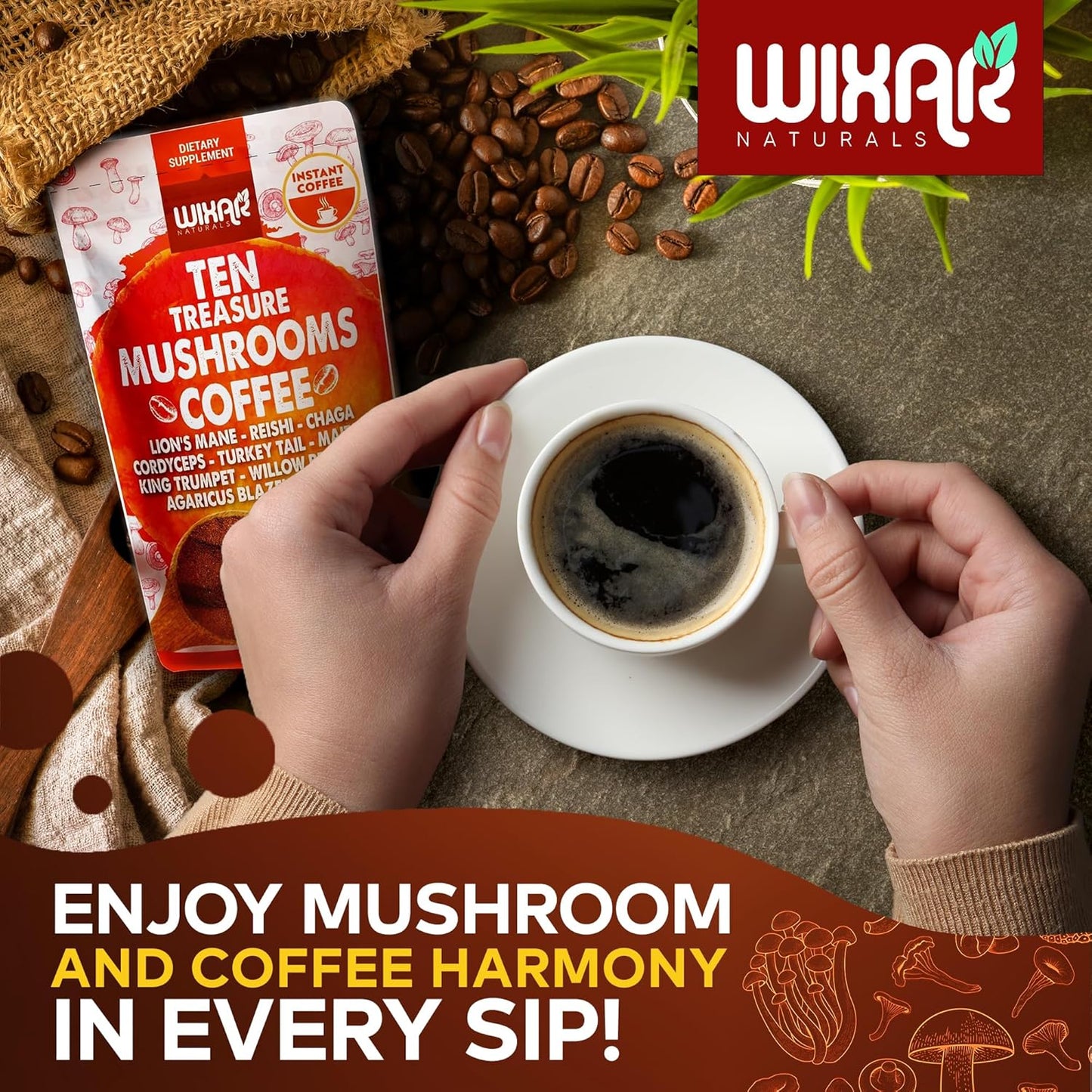 Wixar Naturals Mushroom Coffee Blend - 10 Mushroom Extract Instant Coffee with Lion's Mane, Turkey Tail, Reishi, Chaga, Shiitake, Maitake, Cordyceps - 5oz Powder Supplement